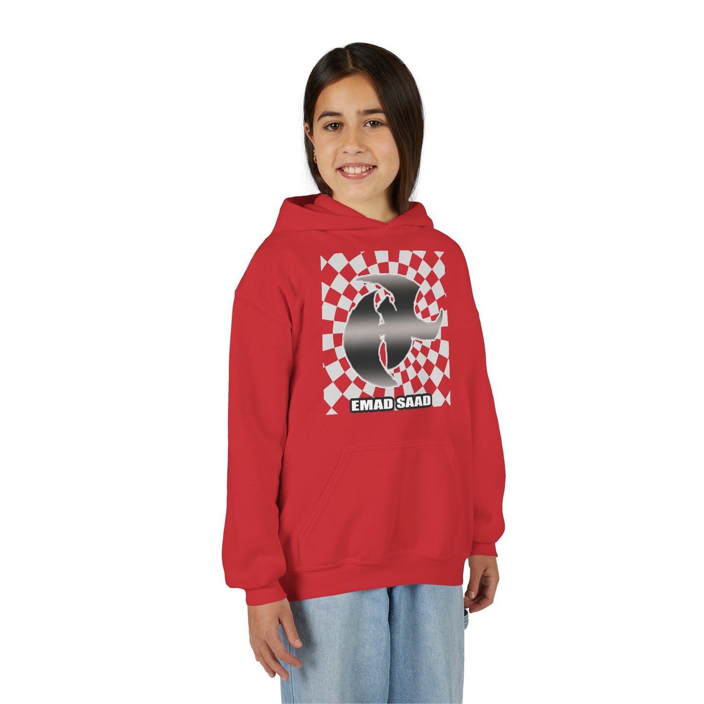 Youth Hoodie with Emad Saad Skate Logo — Black & White Skateboard Graphic
