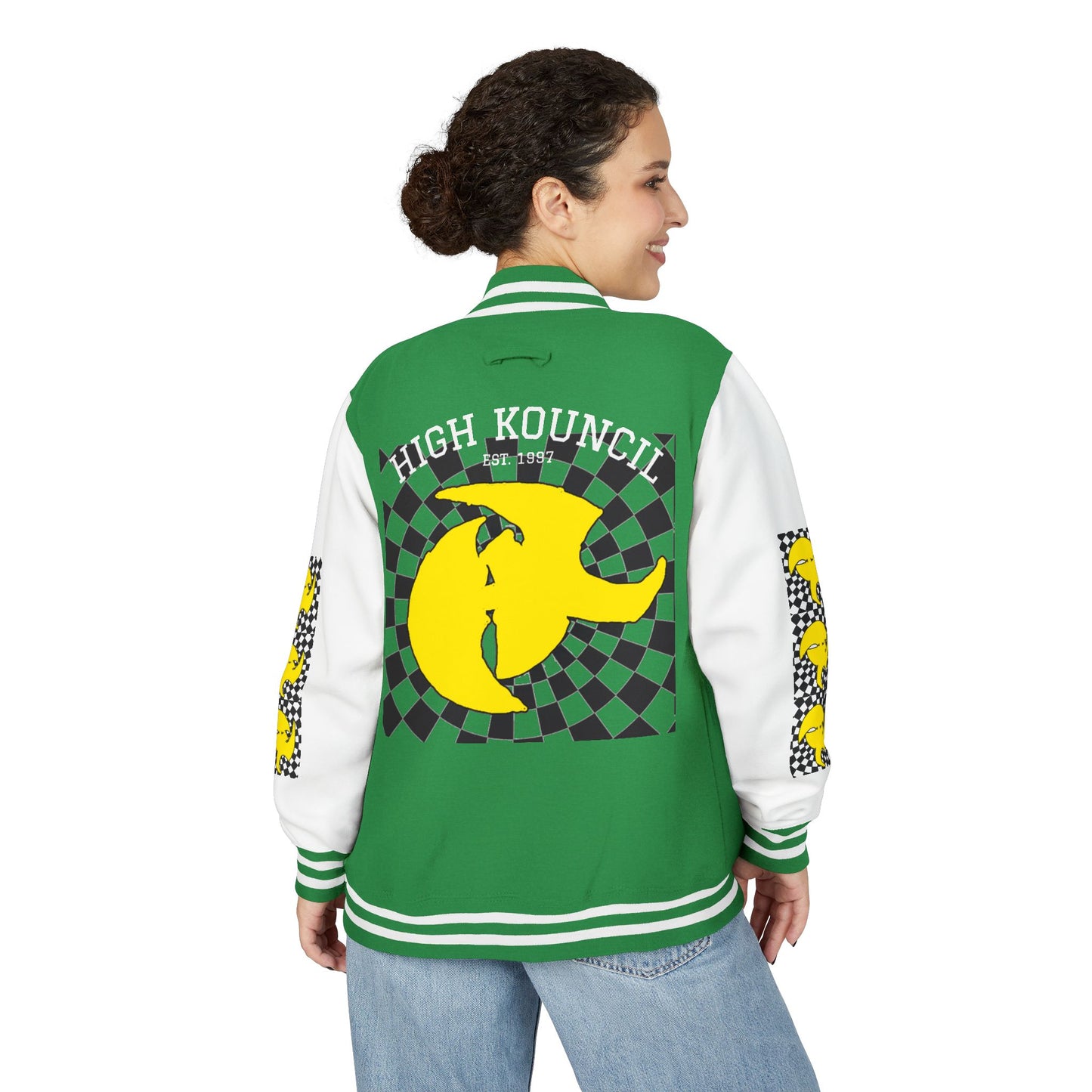 HK CREW Heavyweight Letterman Jacket with Retro Graphic Design