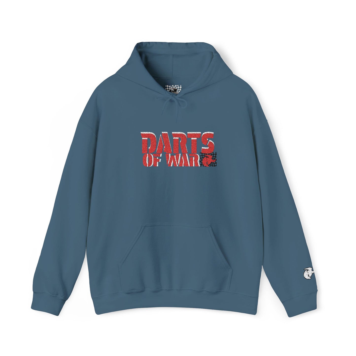 Embroidery Stitched Darts of War Hoodie – Red Distressed Darts Graphic Pullover