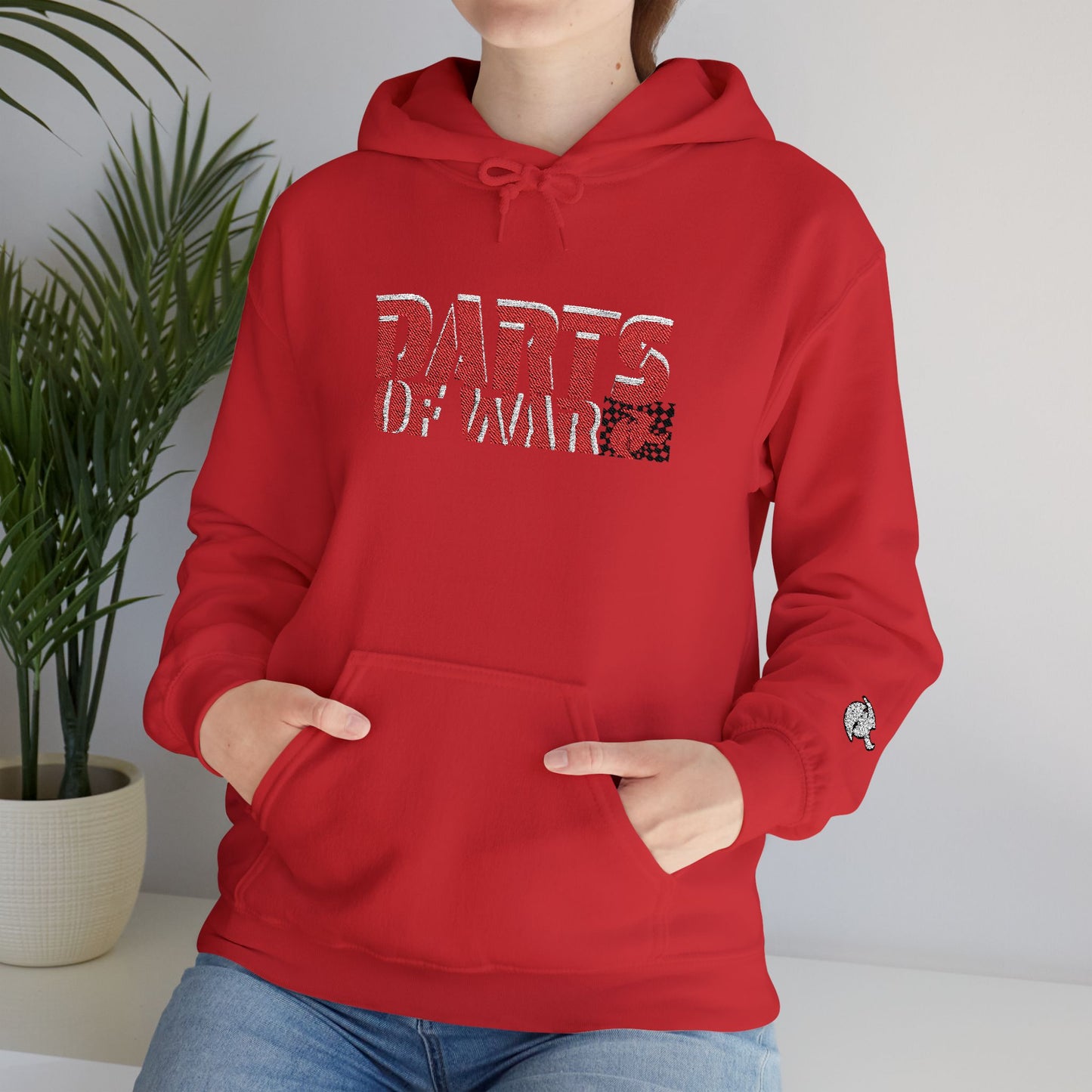 Embroidery Stitched Darts of War Hoodie – Red Distressed Darts Graphic Pullover