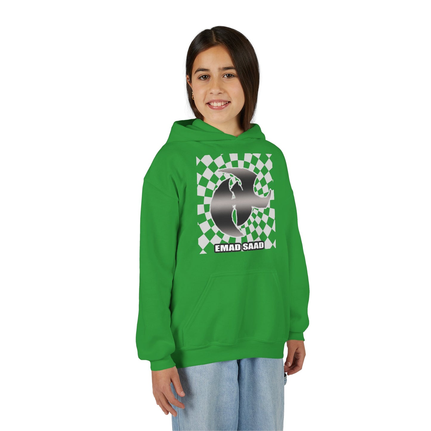 Youth Hoodie with Emad Saad Skate Logo — Black & White Skateboard Graphic