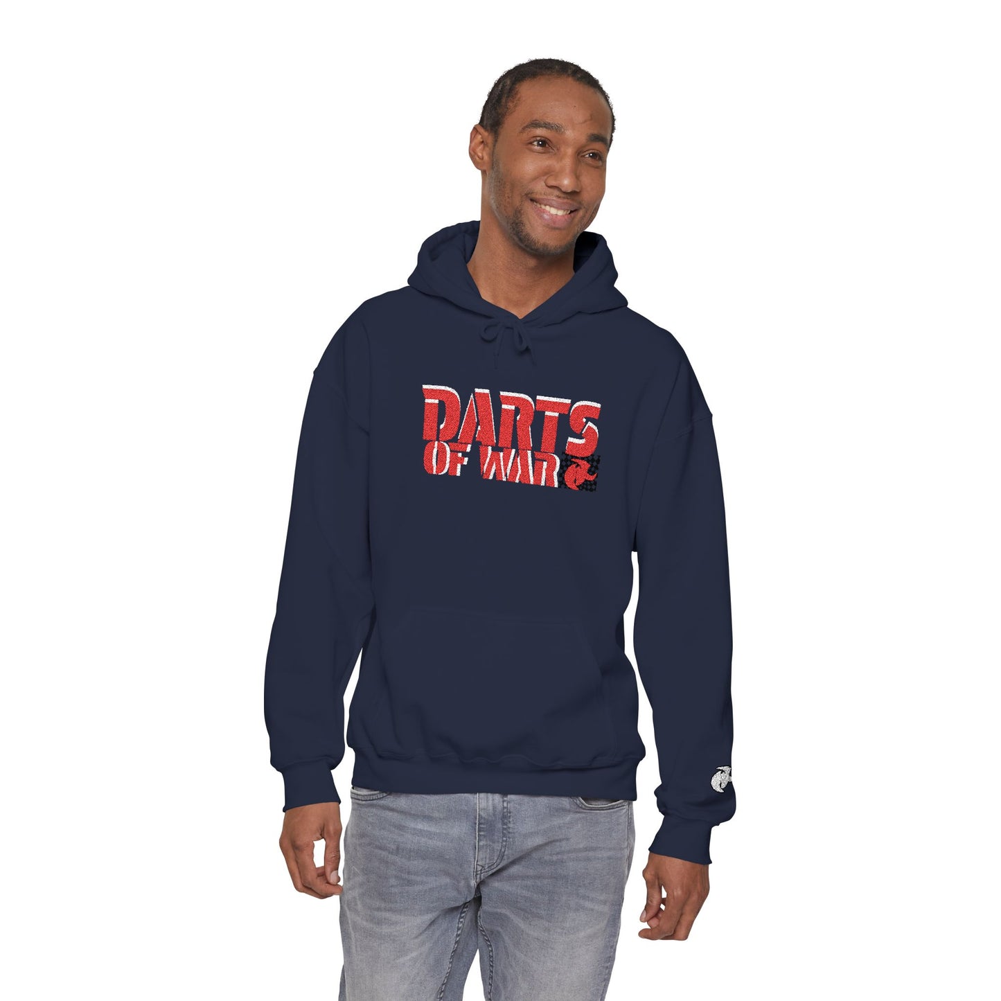 Embroidery Stitched Darts of War Hoodie – Red Distressed Darts Graphic Pullover