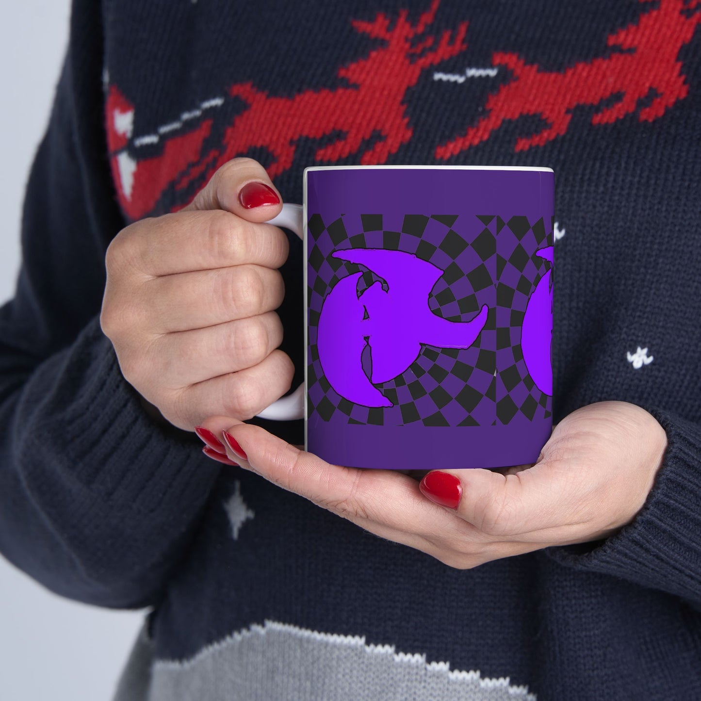 HK LOGO Vibrant Purple Ceramic Mug with Checkered Design - Ideal for Coffee Lovers