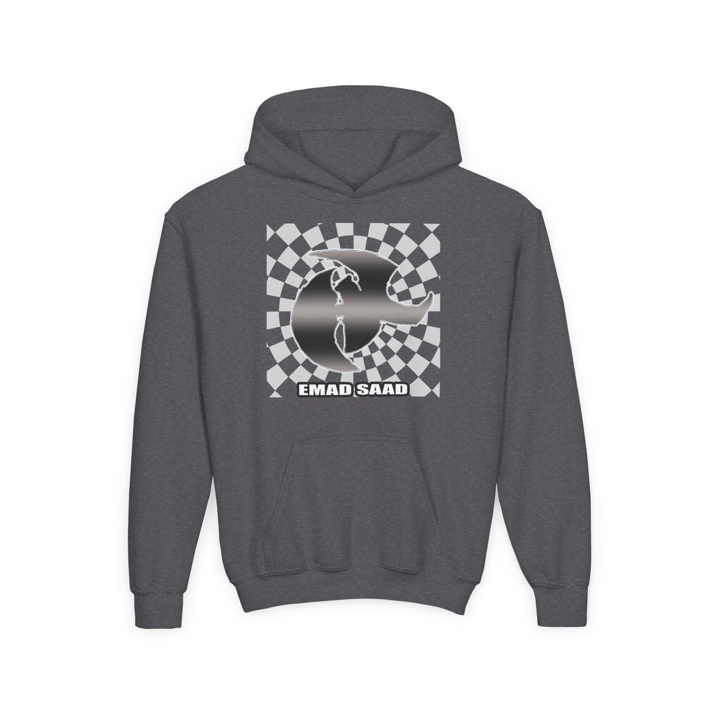 Youth Hoodie with Emad Saad Skate Logo — Black & White Skateboard Graphic