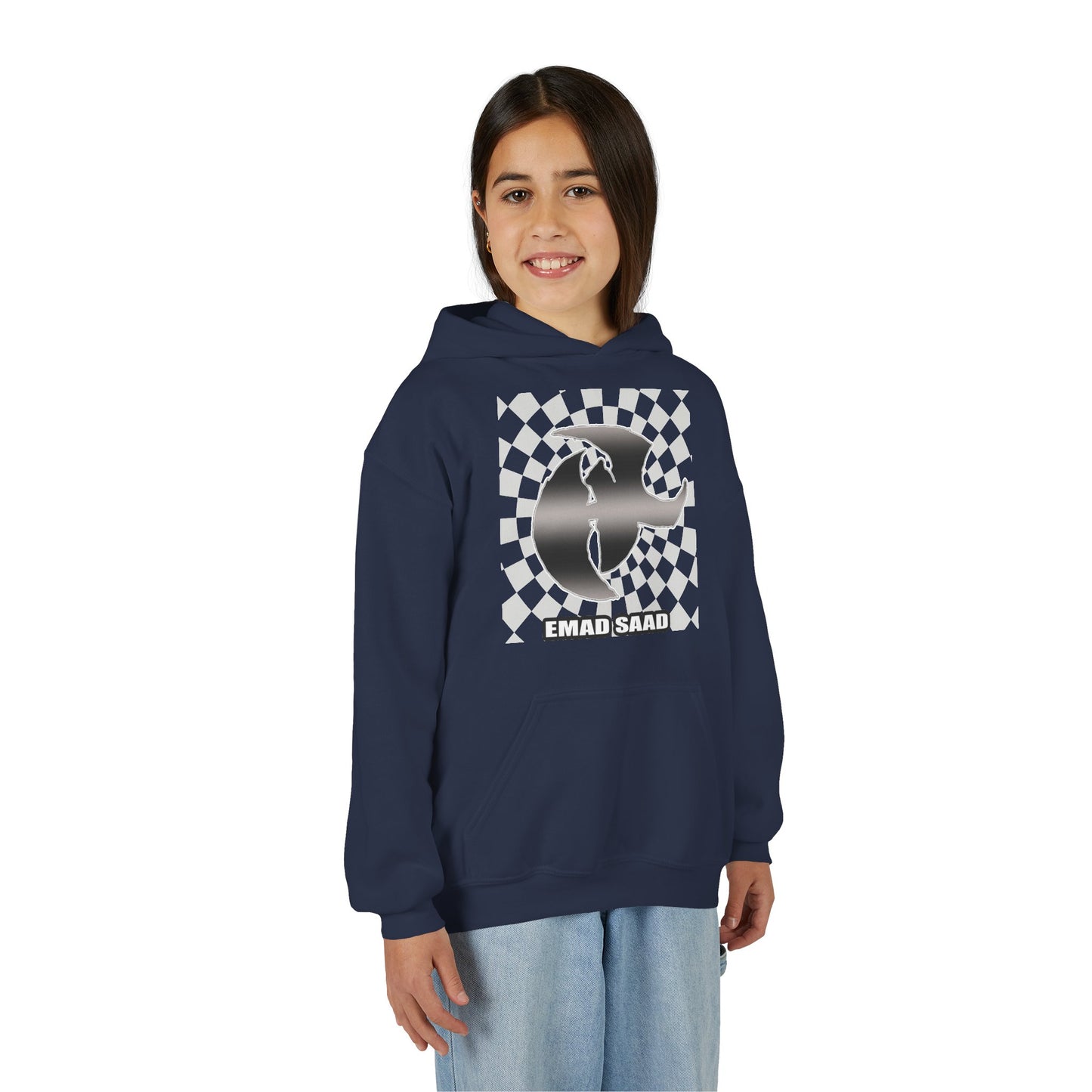 Youth Hoodie with Emad Saad Skate Logo — Black & White Skateboard Graphic