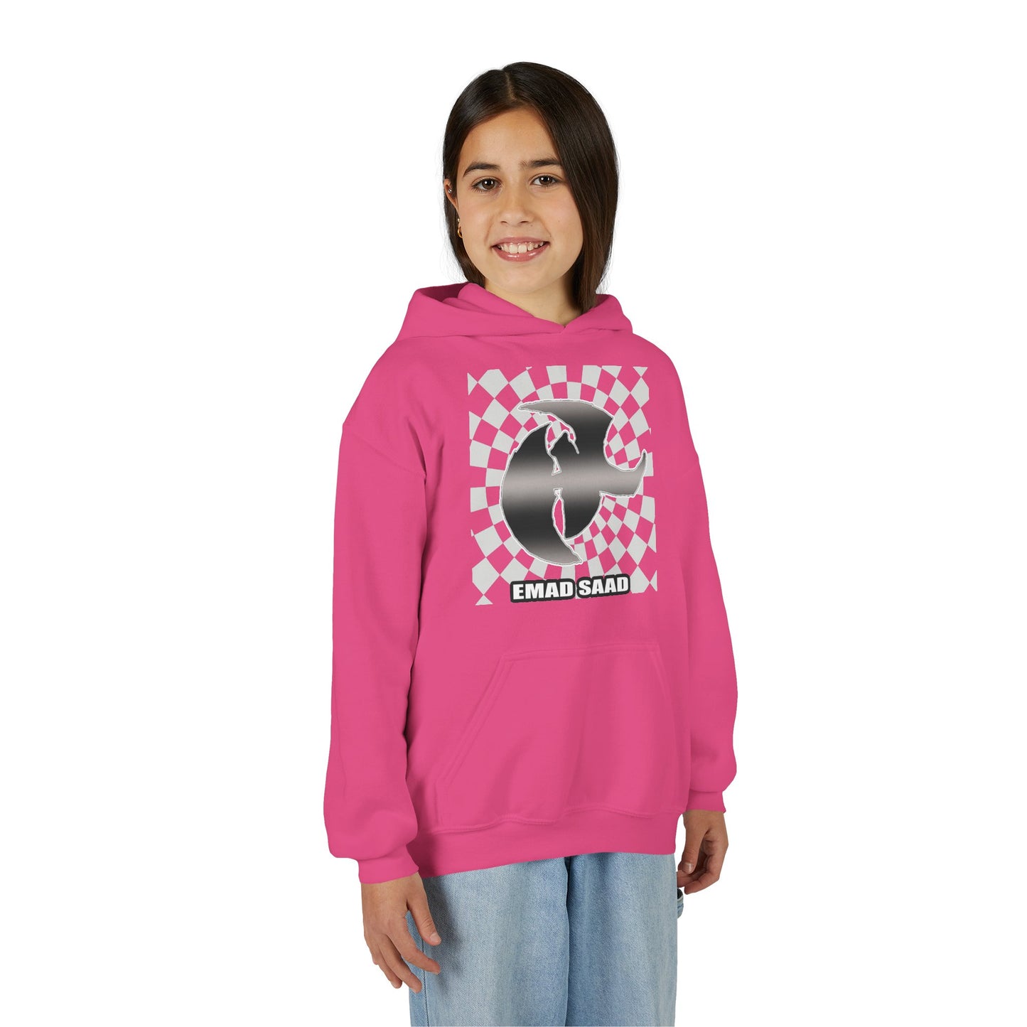 Youth Hoodie with Emad Saad Skate Logo — Black & White Skateboard Graphic