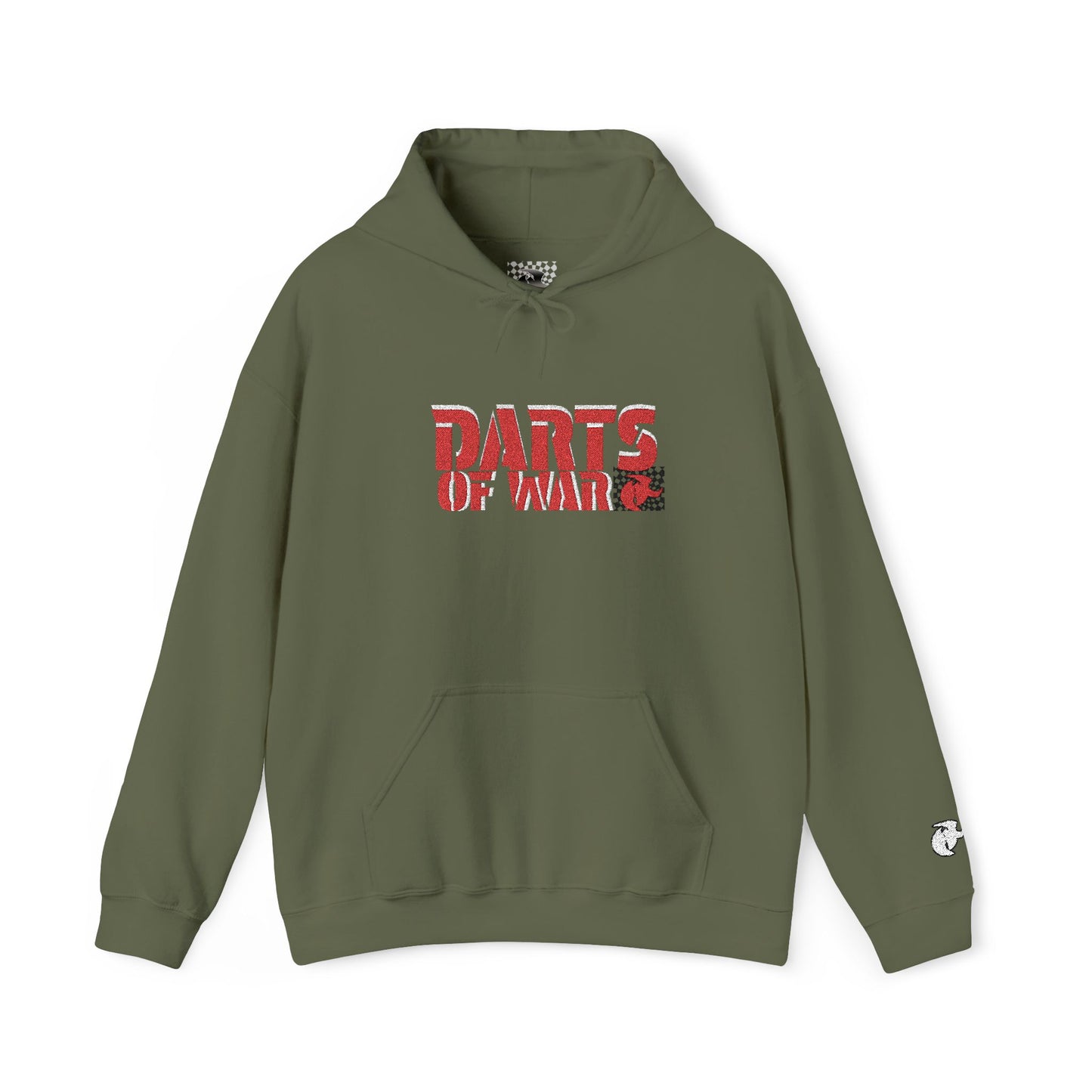 Embroidery Stitched Darts of War Hoodie – Red Distressed Darts Graphic Pullover