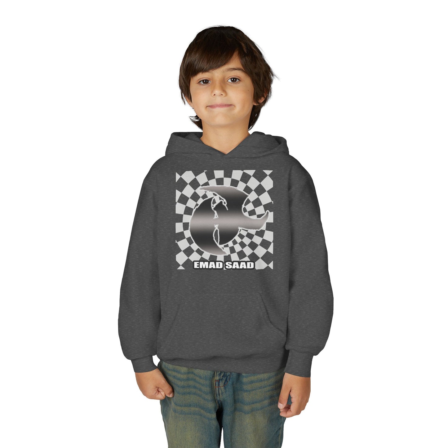 Youth Hoodie with Emad Saad Skate Logo — Black & White Skateboard Graphic