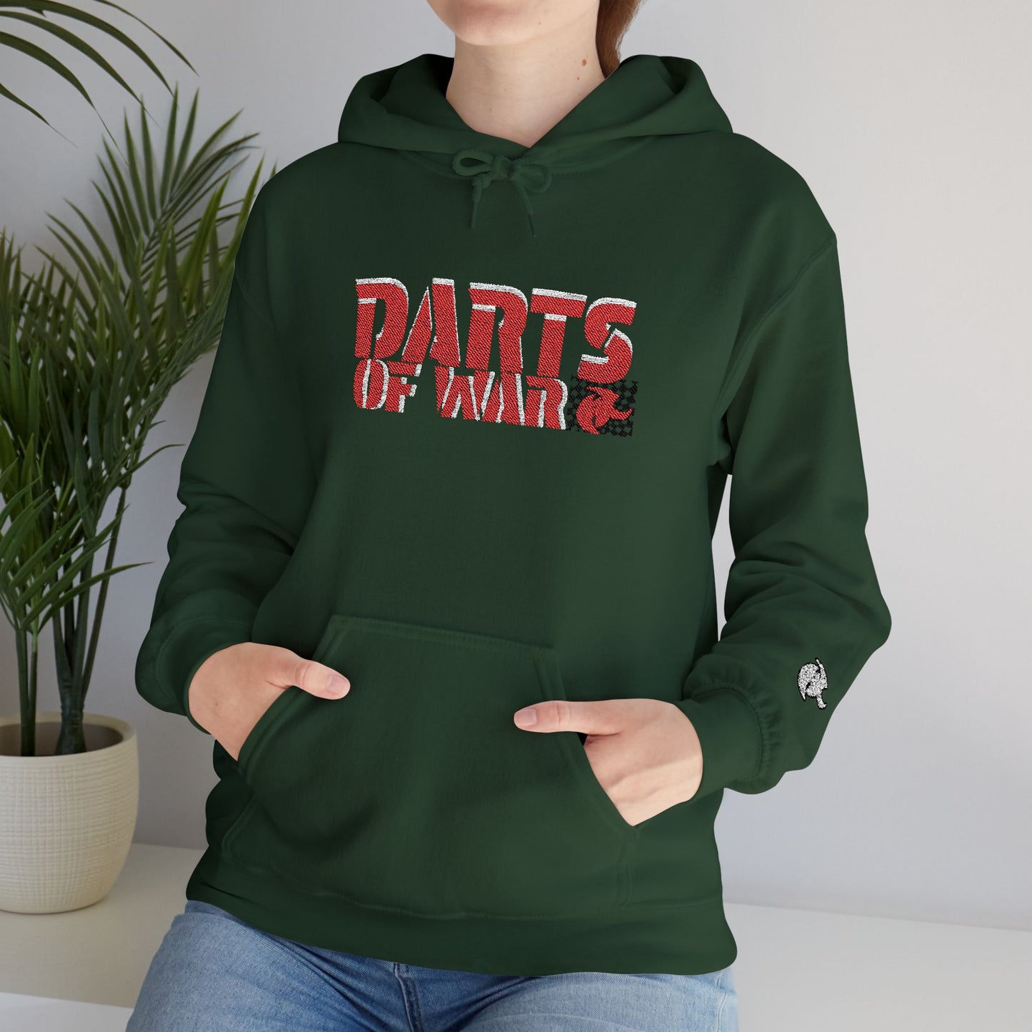 Embroidery Stitched Darts of War Hoodie – Red Distressed Darts Graphic Pullover