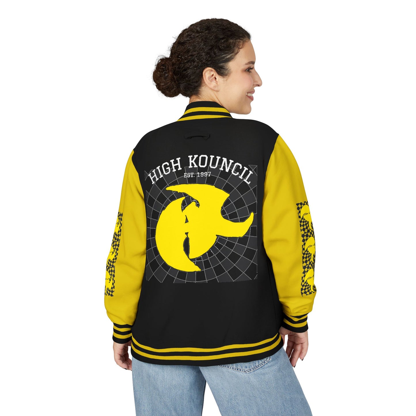 HK CREW Heavyweight Letterman Jacket with Retro Graphic Design
