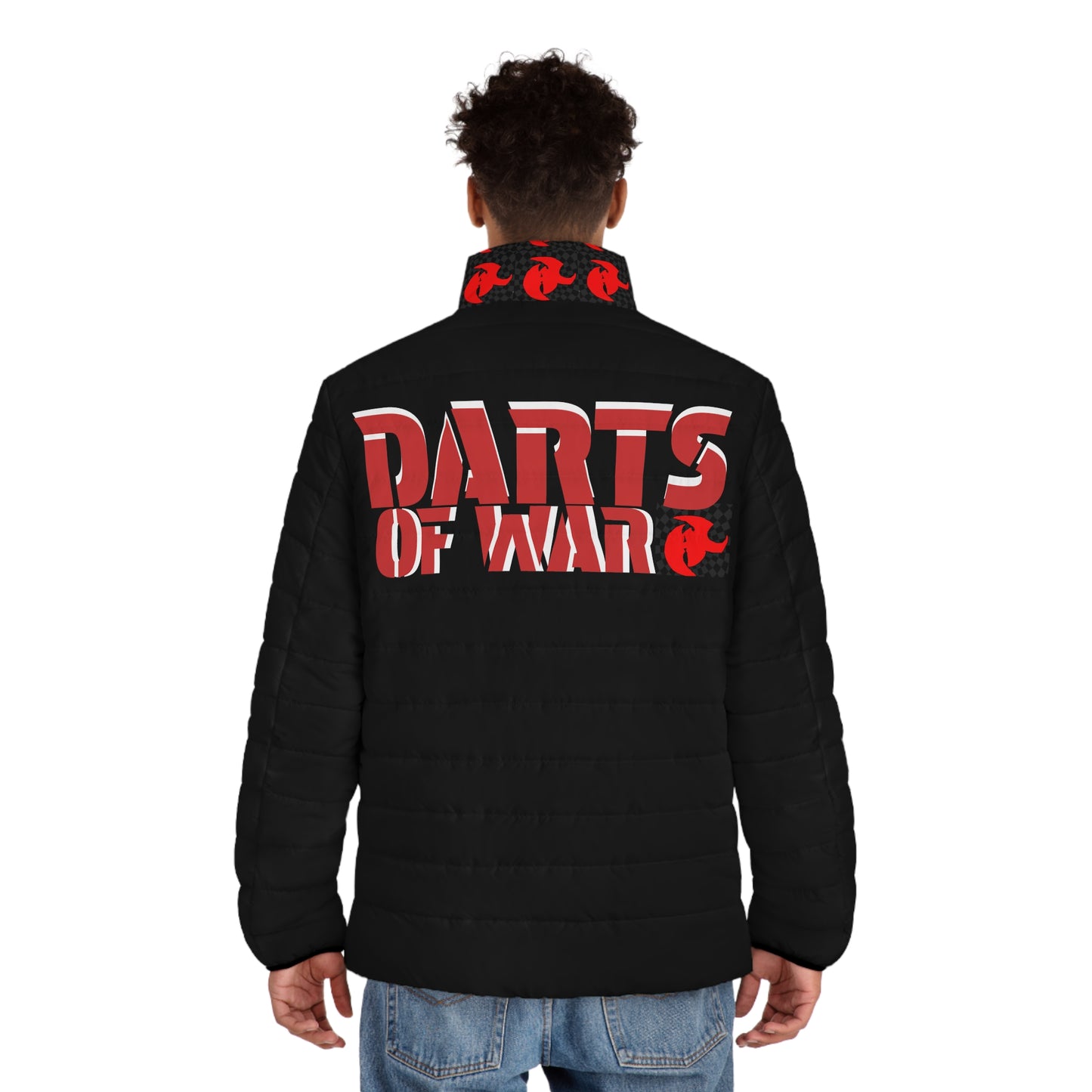 Darts of War Men's Puffer Jacket, Stylish Winter Outerwear, Gaming Gift, Cozy Jacket for Him, Casual Fashion, Unique Puffer Coat