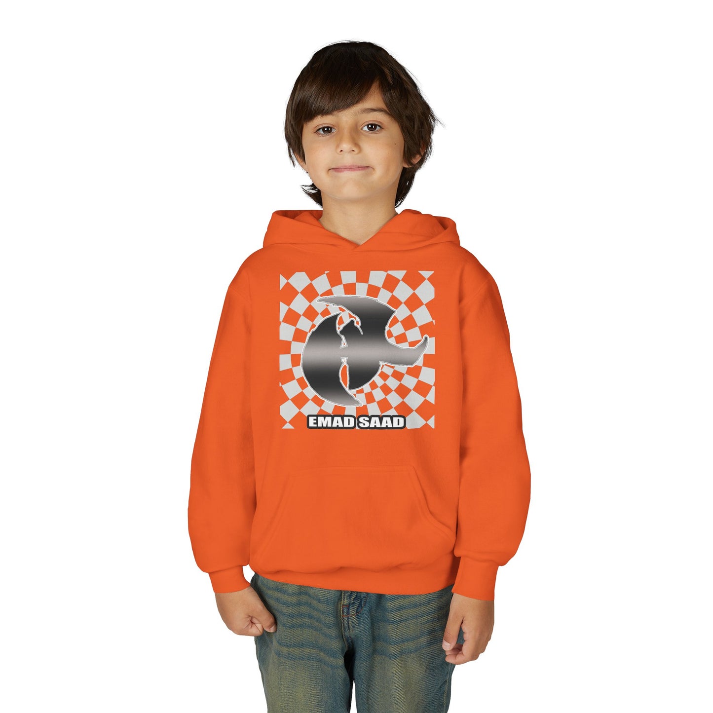 Youth Hoodie with Emad Saad Skate Logo — Black & White Skateboard Graphic