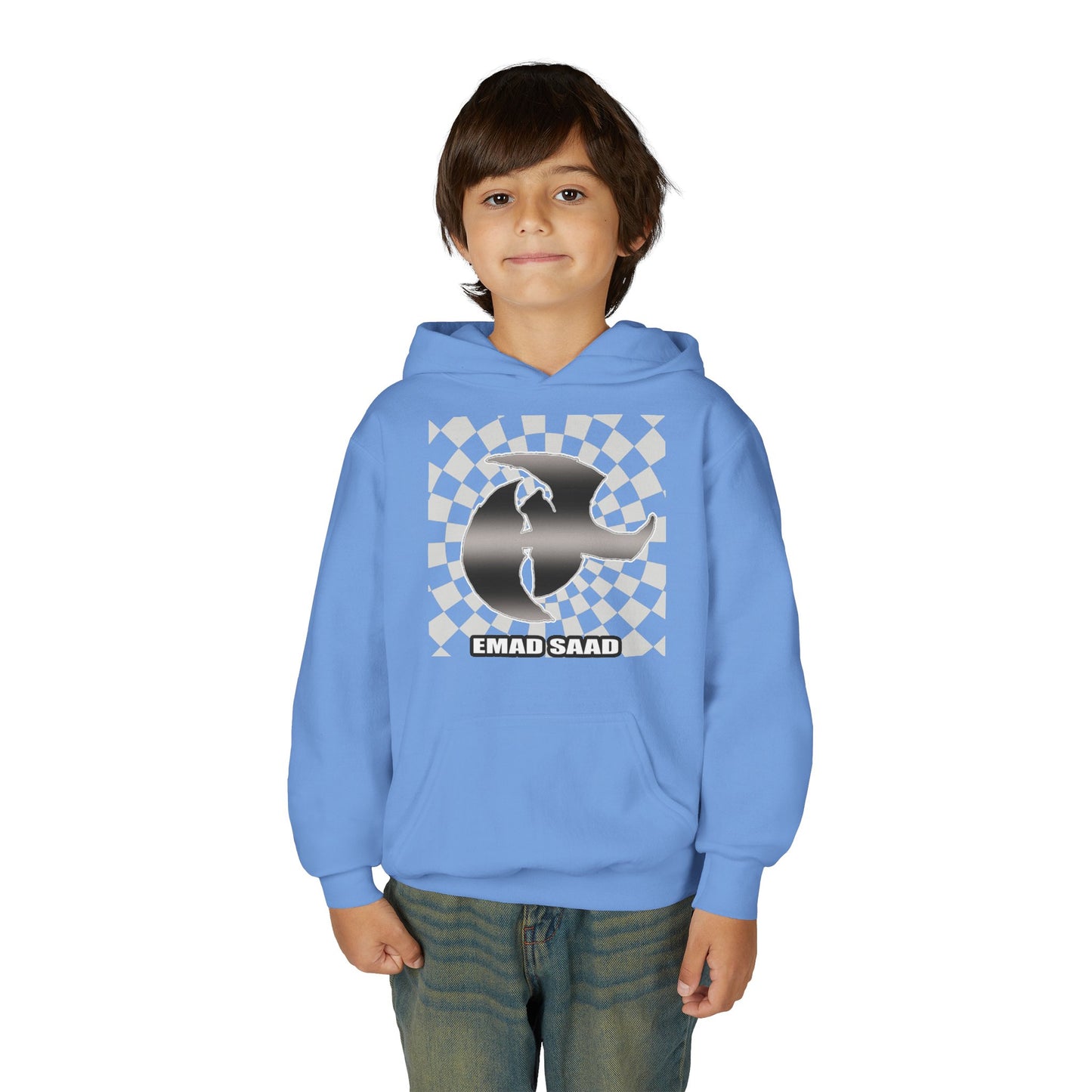 Youth Hoodie with Emad Saad Skate Logo — Black & White Skateboard Graphic