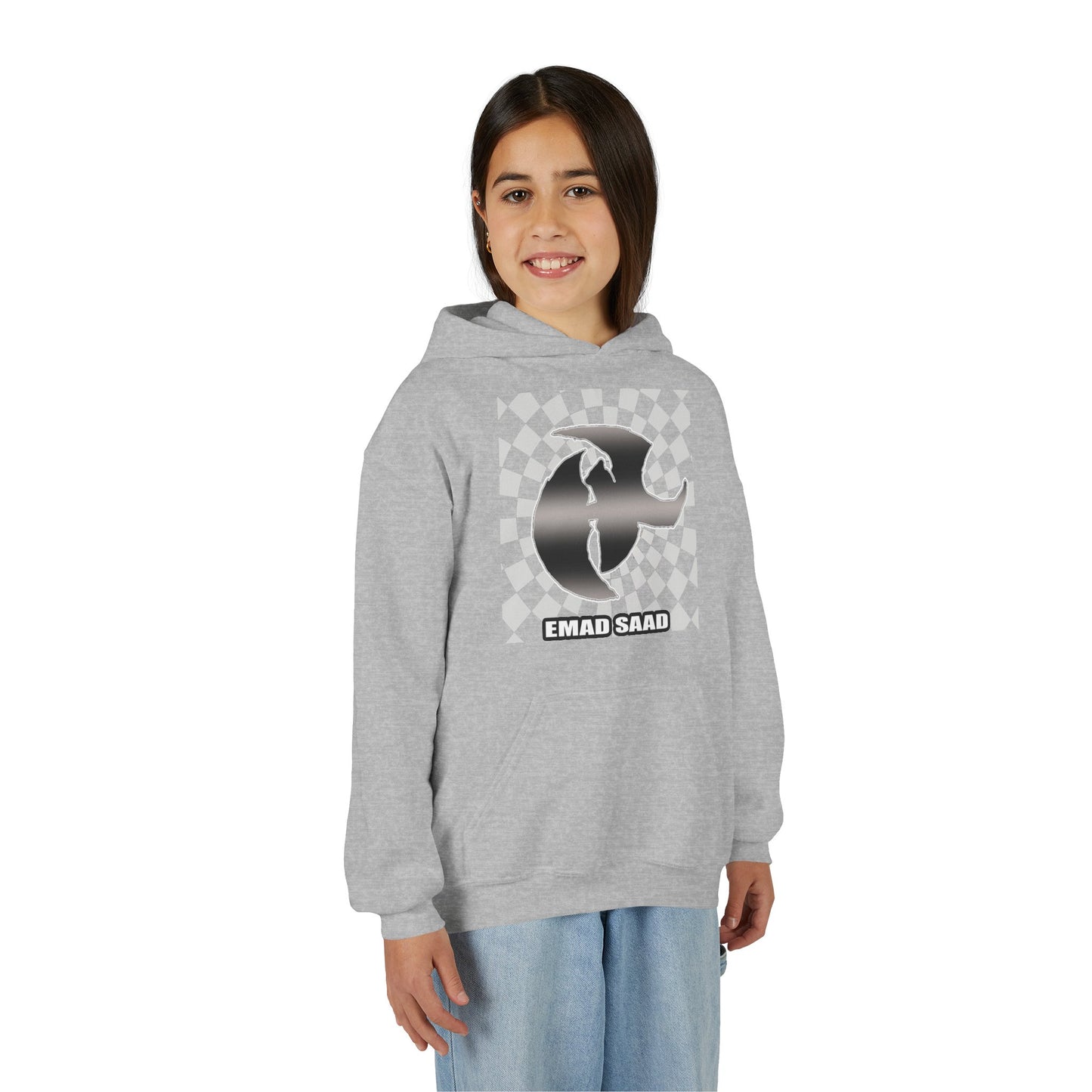 Youth Hoodie with Emad Saad Skate Logo — Black & White Skateboard Graphic