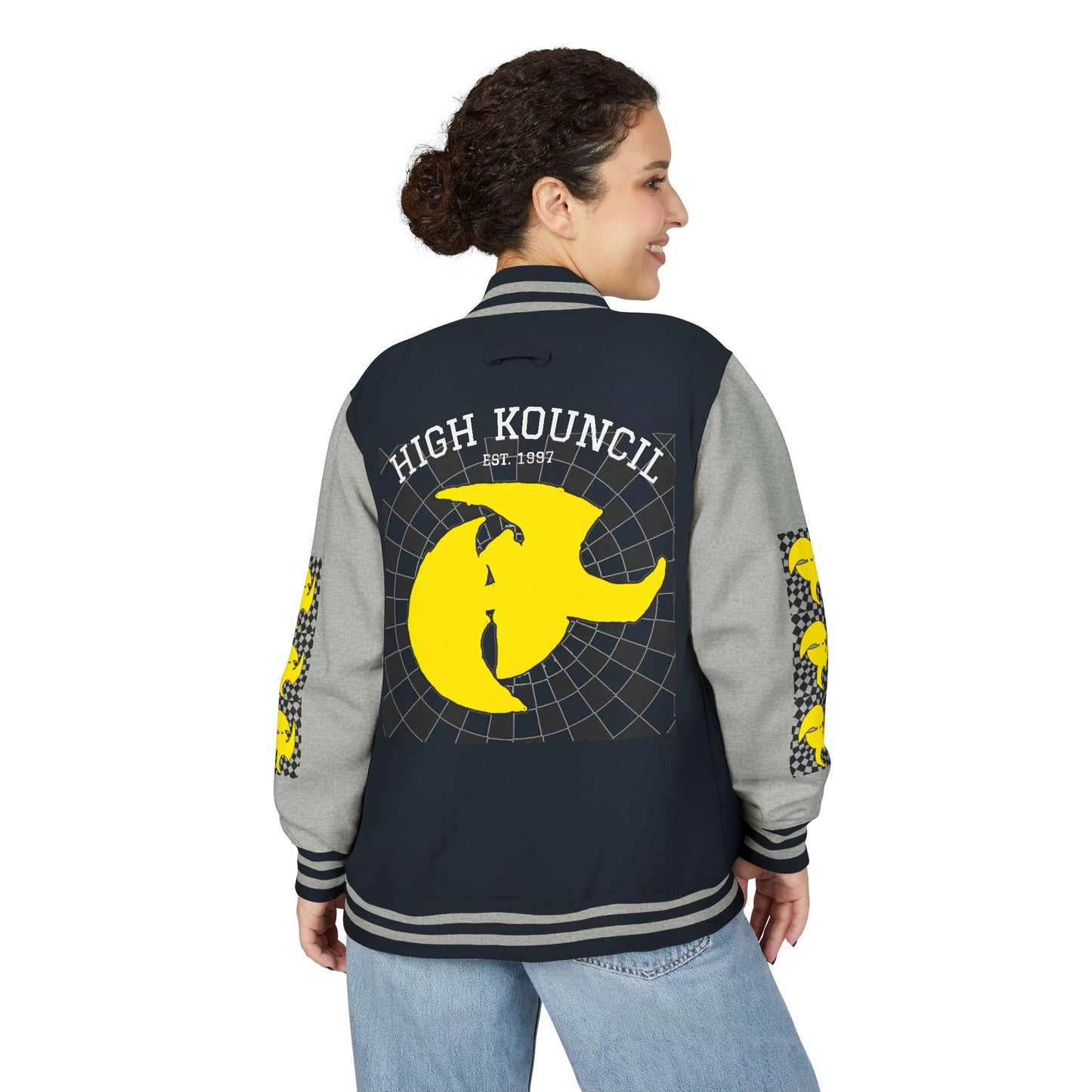 HK CREW Heavyweight Letterman Jacket with Retro Graphic Design