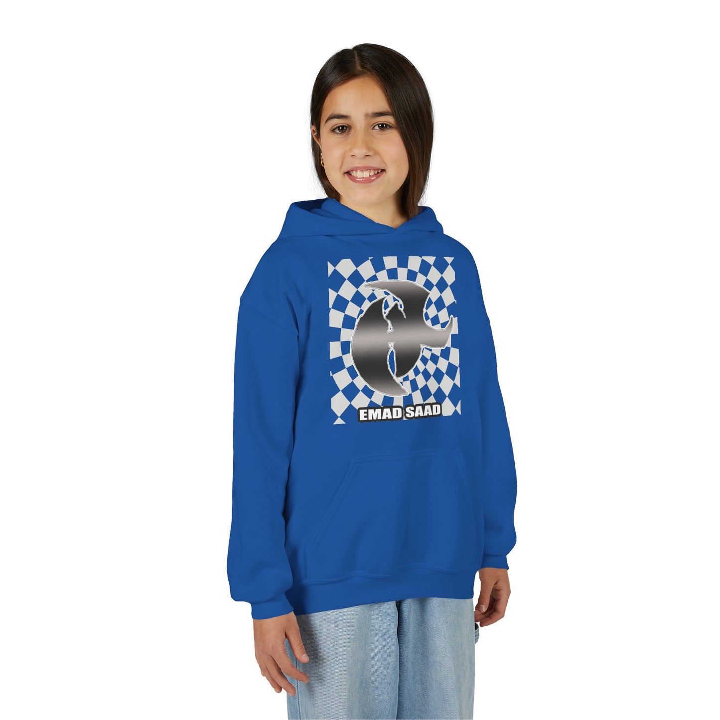 Youth Hoodie with Emad Saad Skate Logo — Black & White Skateboard Graphic