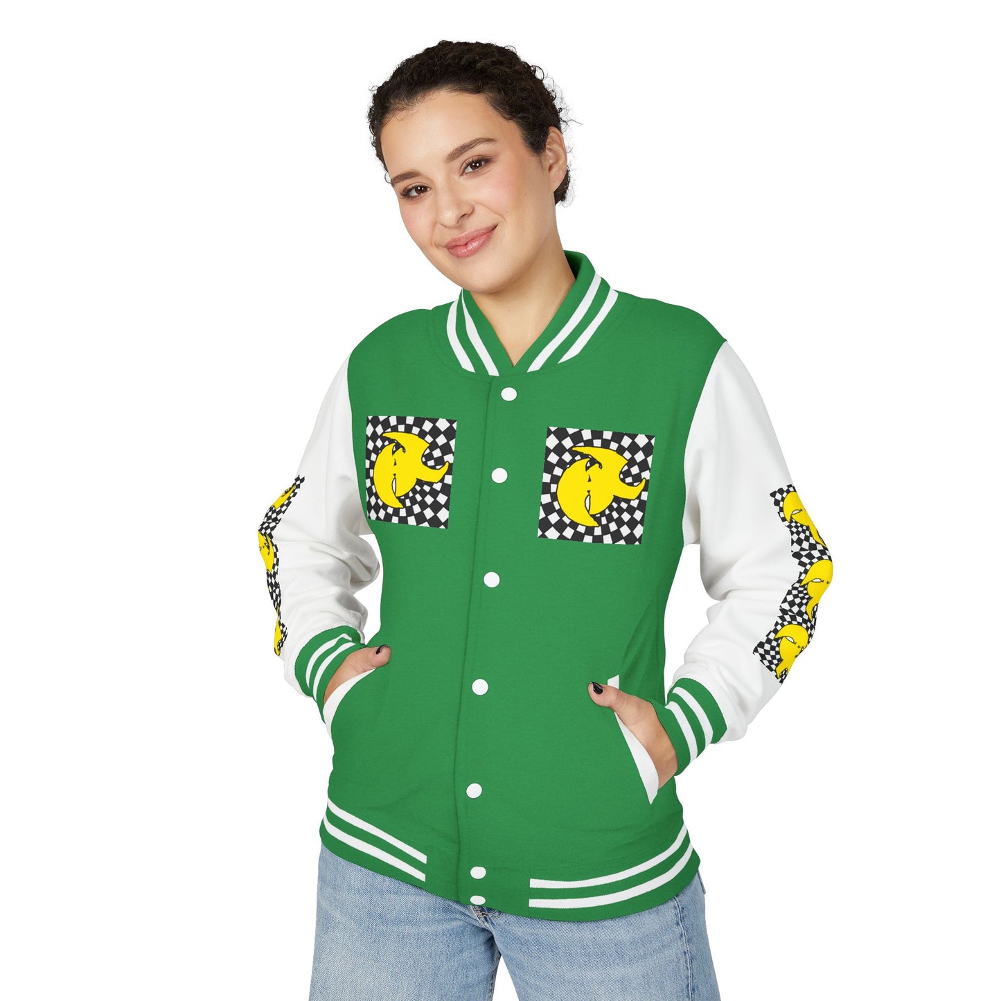 HK CREW Heavyweight Letterman Jacket with Retro Graphic Design