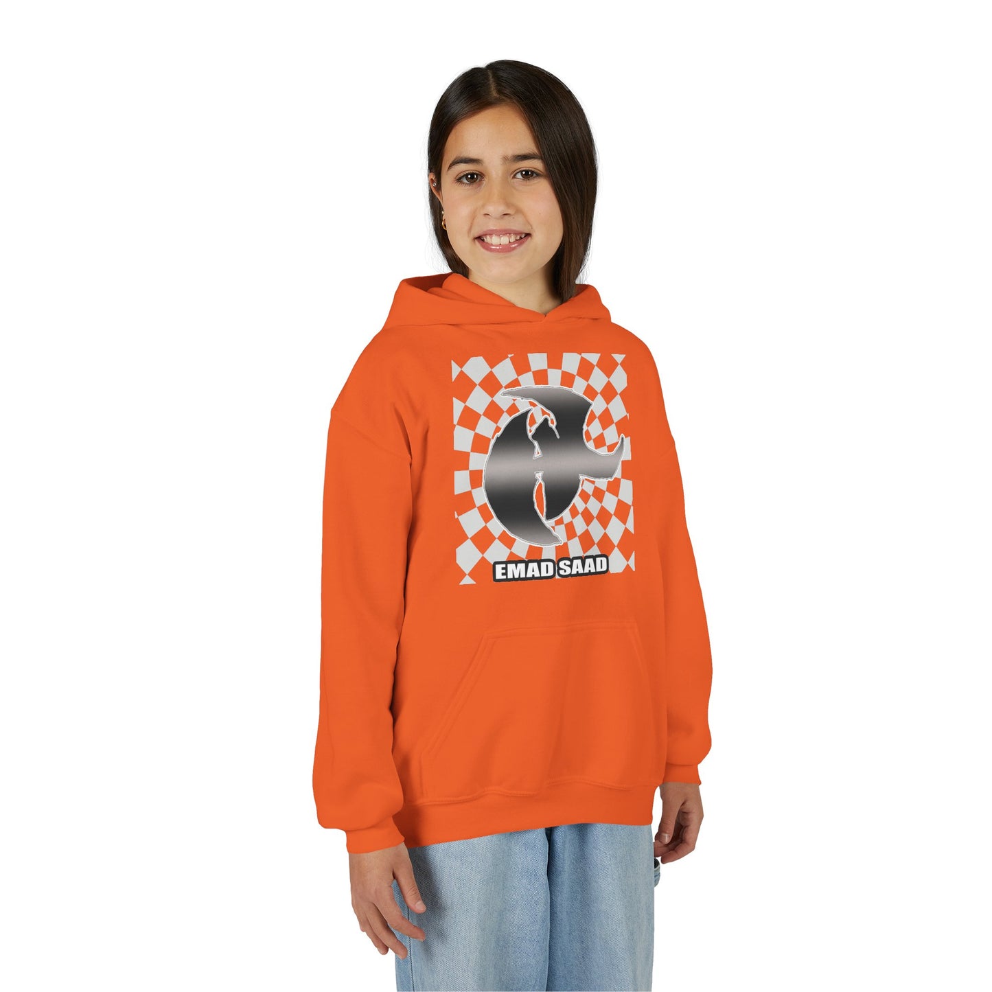 Youth Hoodie with Emad Saad Skate Logo — Black & White Skateboard Graphic