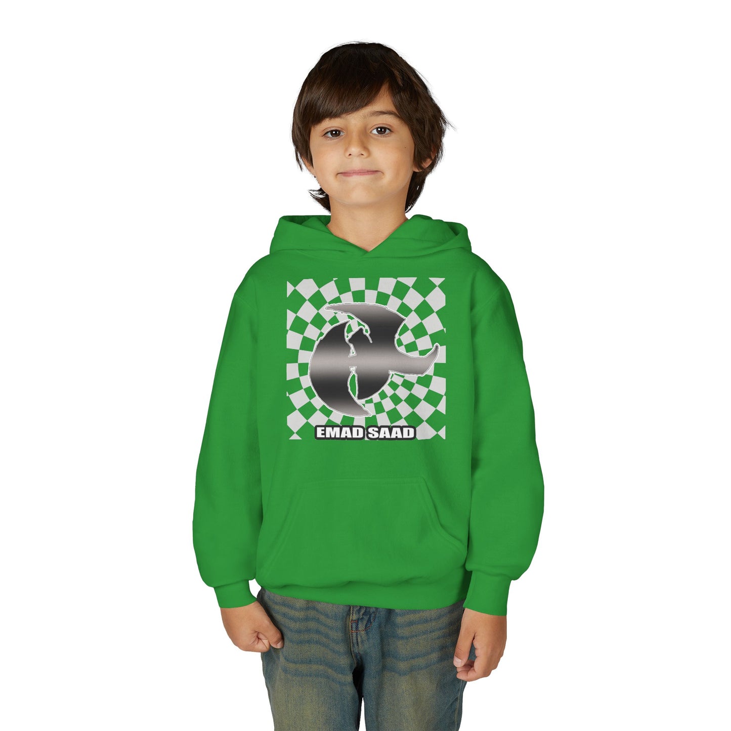 Youth Hoodie with Emad Saad Skate Logo — Black & White Skateboard Graphic