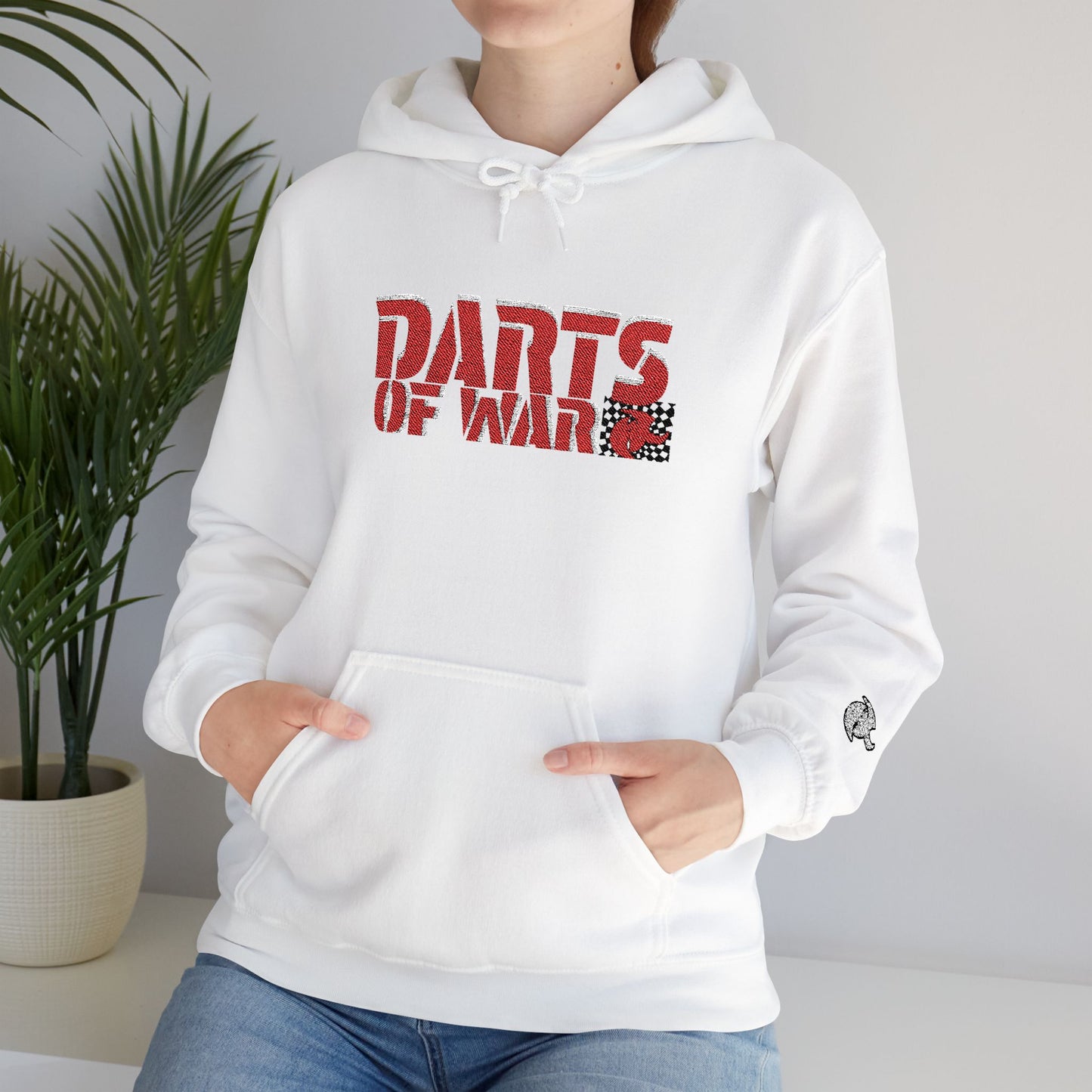Embroidery Stitched Darts of War Hoodie – Red Distressed Darts Graphic Pullover