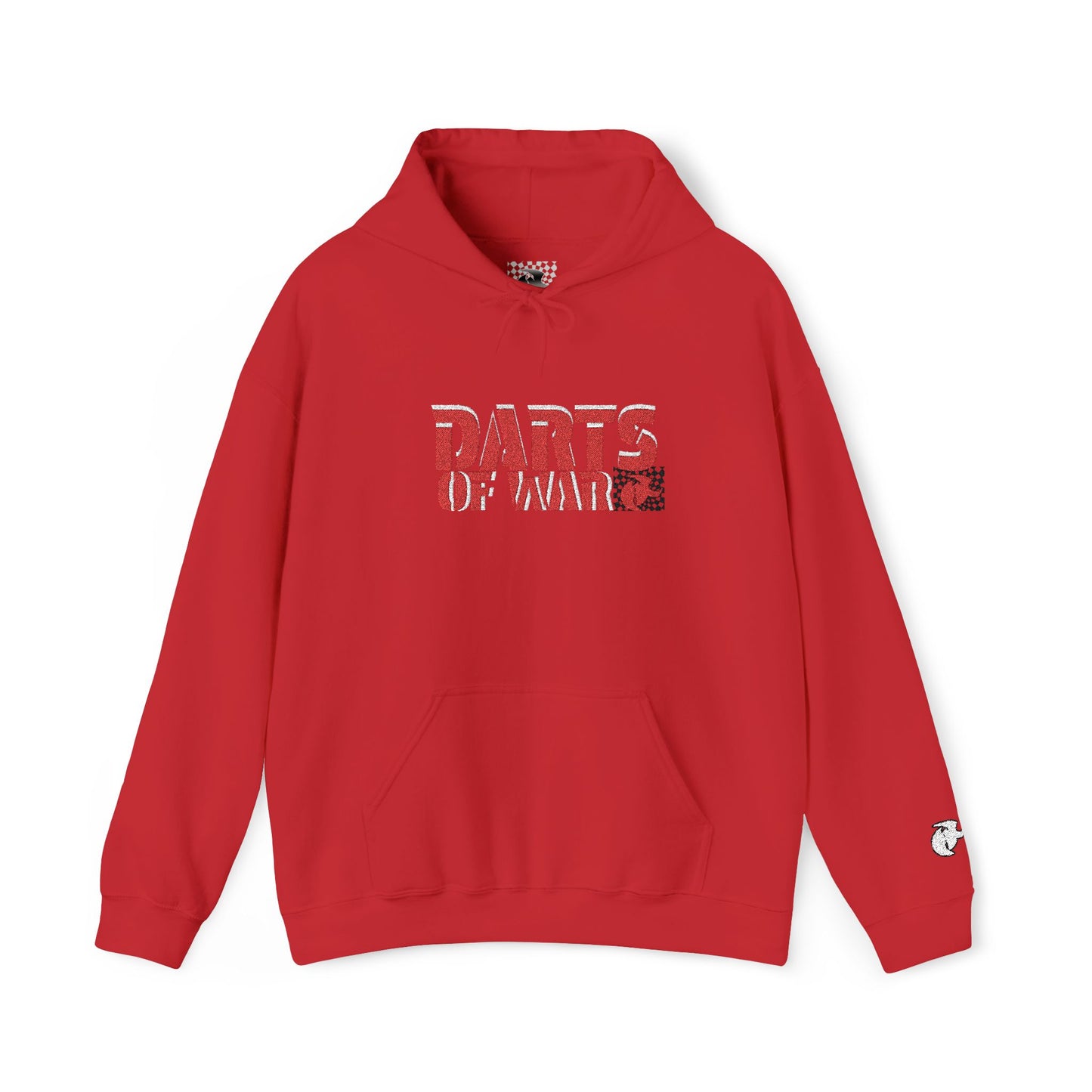 Embroidery Stitched Darts of War Hoodie – Red Distressed Darts Graphic Pullover