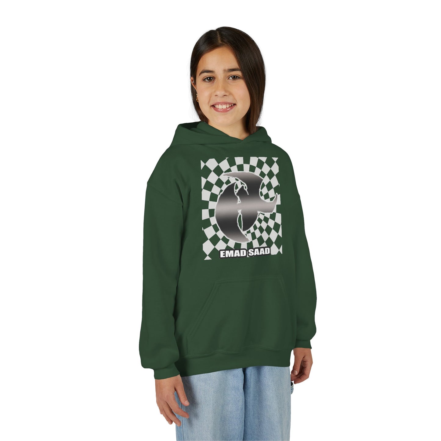 Youth Hoodie with Emad Saad Skate Logo — Black & White Skateboard Graphic