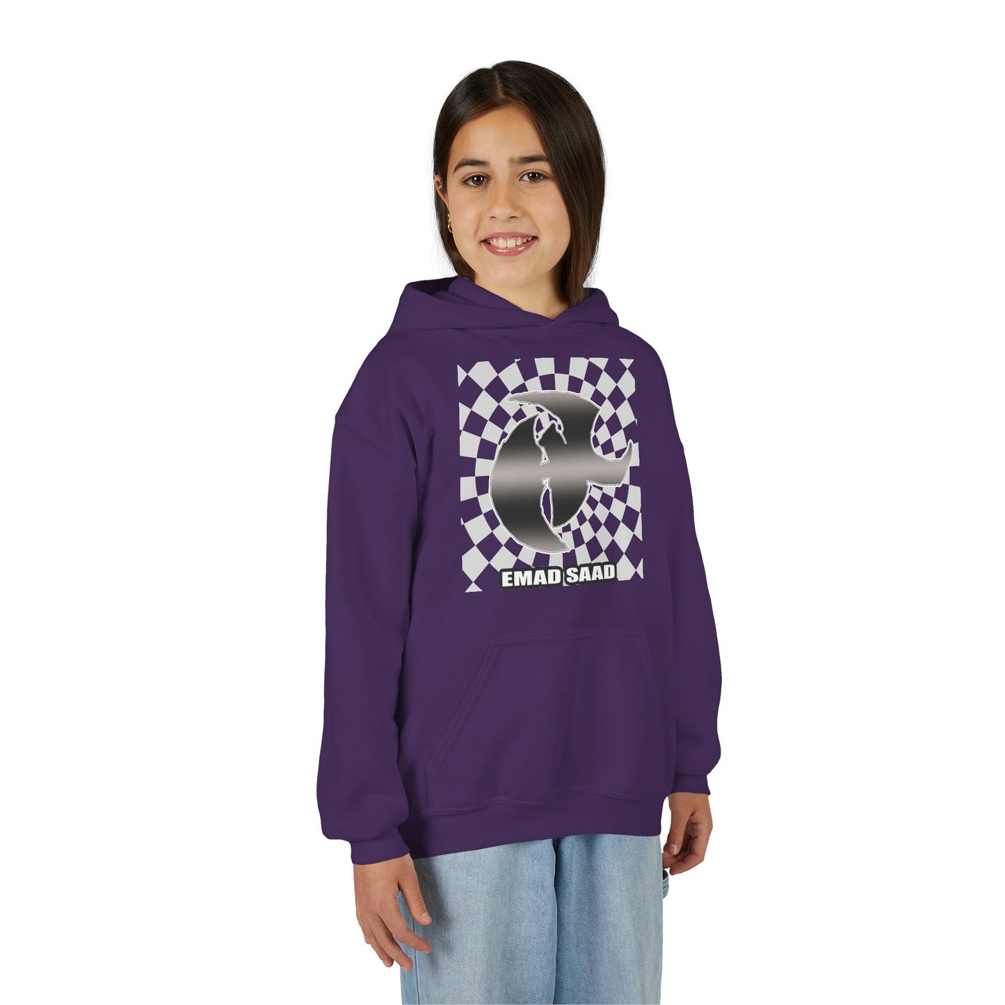 Youth Hoodie with Emad Saad Skate Logo — Black & White Skateboard Graphic