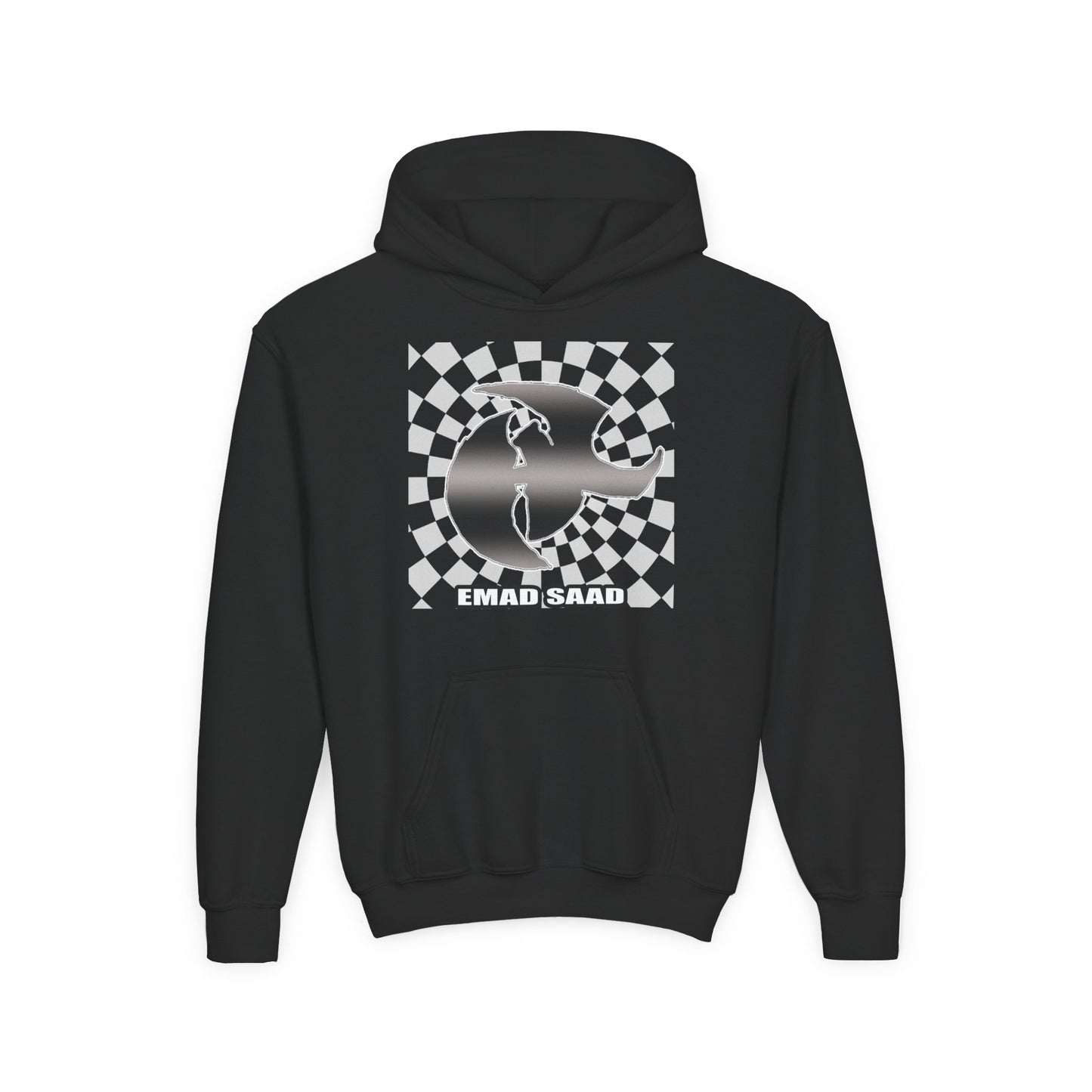 Youth Hoodie with Emad Saad Skate Logo — Black & White Skateboard Graphic