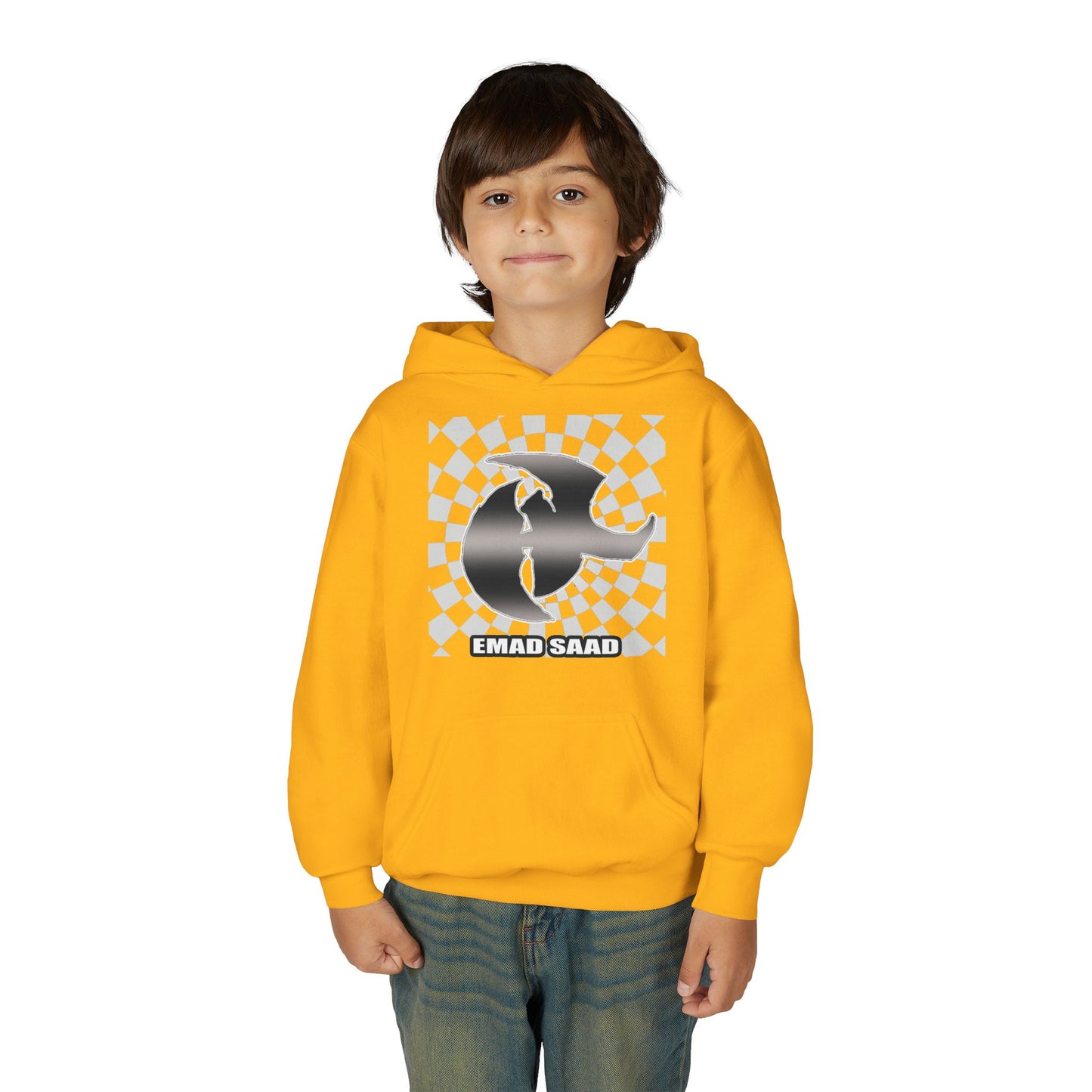 Youth Hoodie with Emad Saad Skate Logo — Black & White Skateboard Graphic