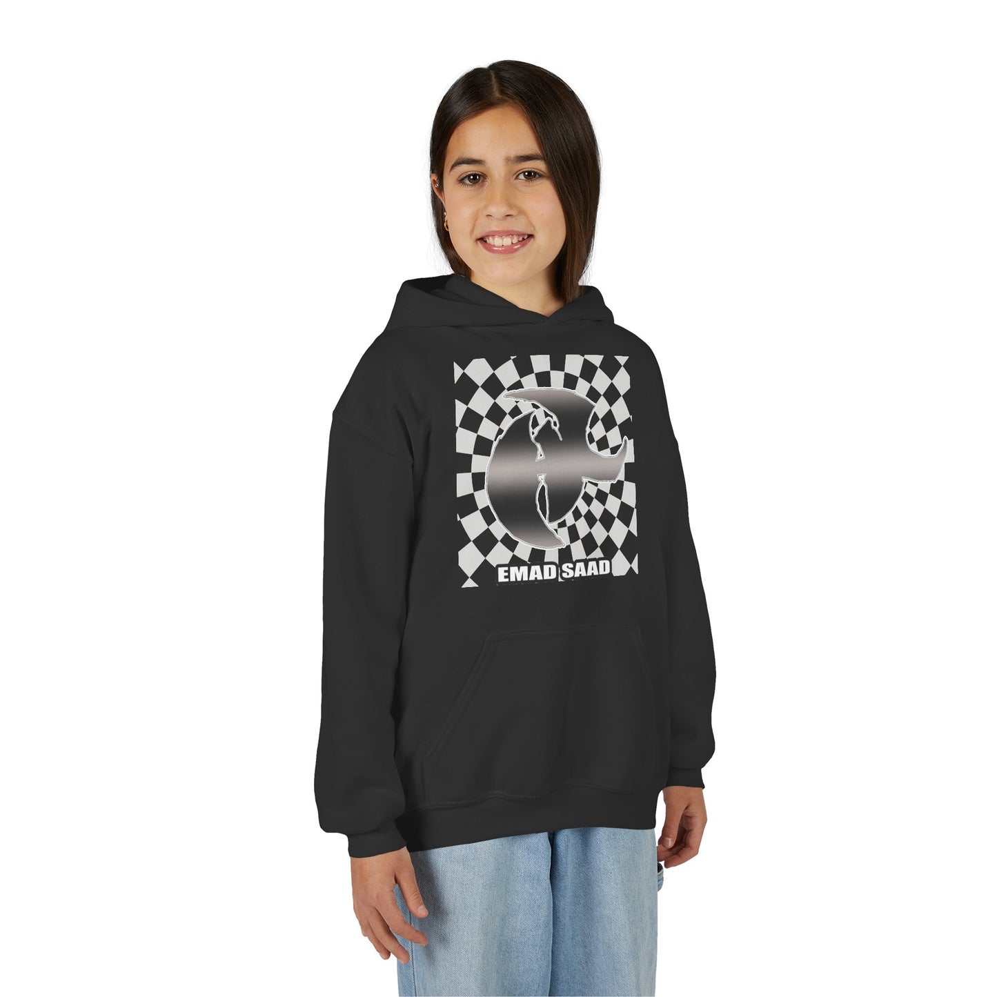 Youth Hoodie with Emad Saad Skate Logo — Black & White Skateboard Graphic