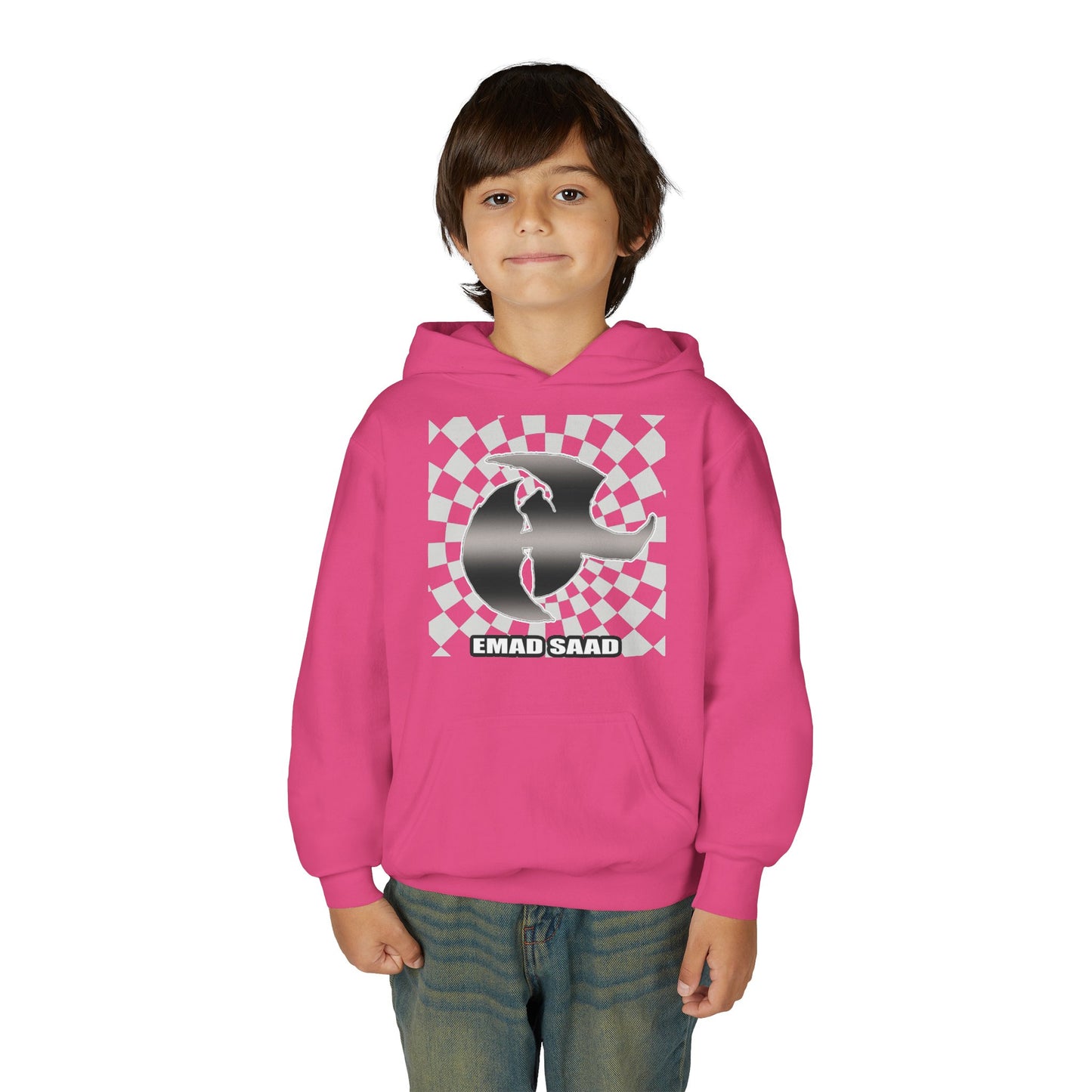 Youth Hoodie with Emad Saad Skate Logo — Black & White Skateboard Graphic
