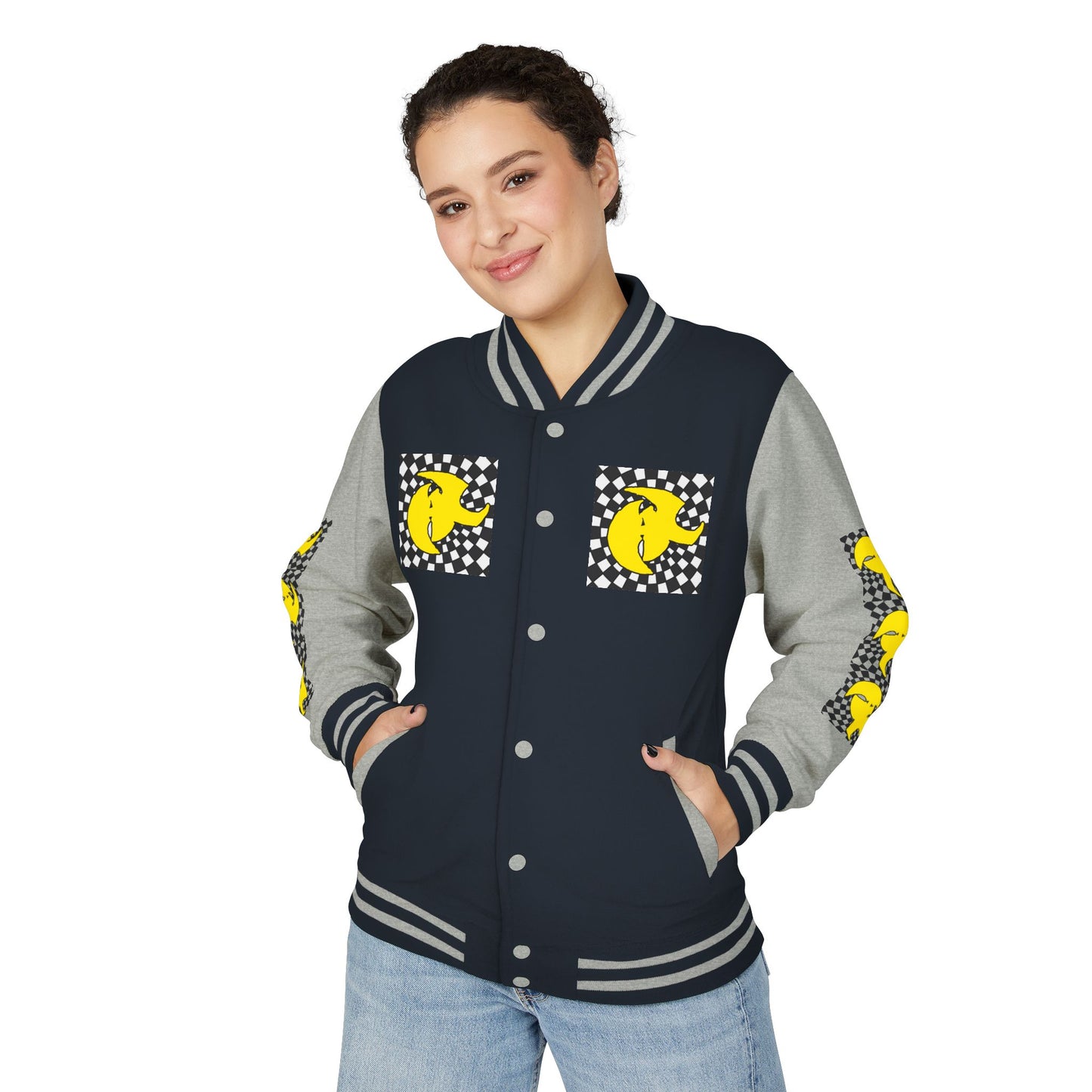 HK CREW Heavyweight Letterman Jacket with Retro Graphic Design