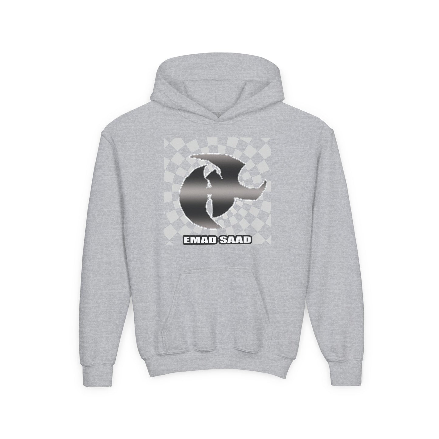Youth Hoodie with Emad Saad Skate Logo — Black & White Skateboard Graphic