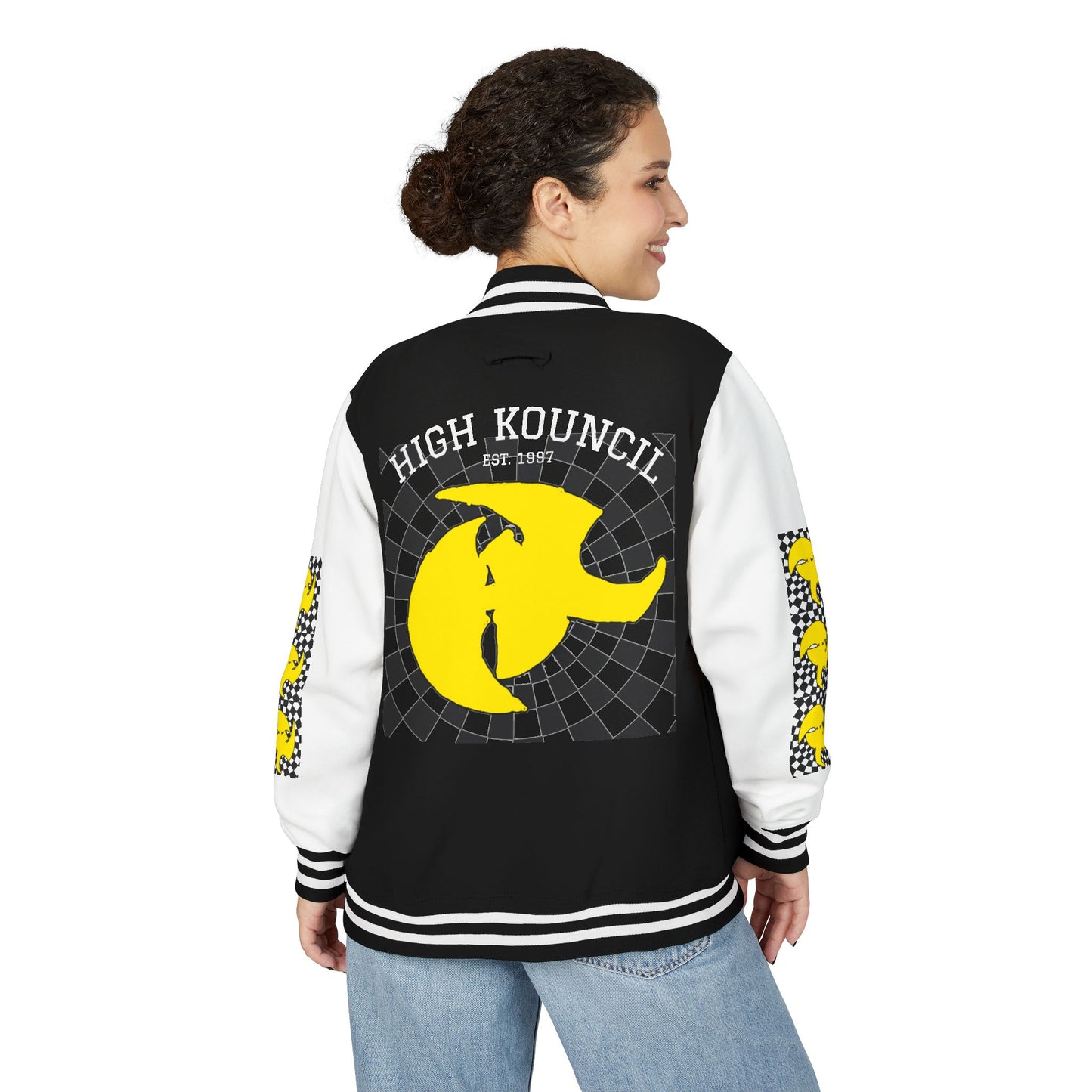 HK CREW Heavyweight Letterman Jacket with Retro Graphic Design
