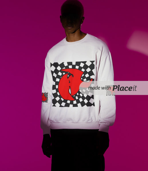 HK Men's Vintage Graphic Long Sleeve Crewneck Sweatshirt - Retro Checkered Style