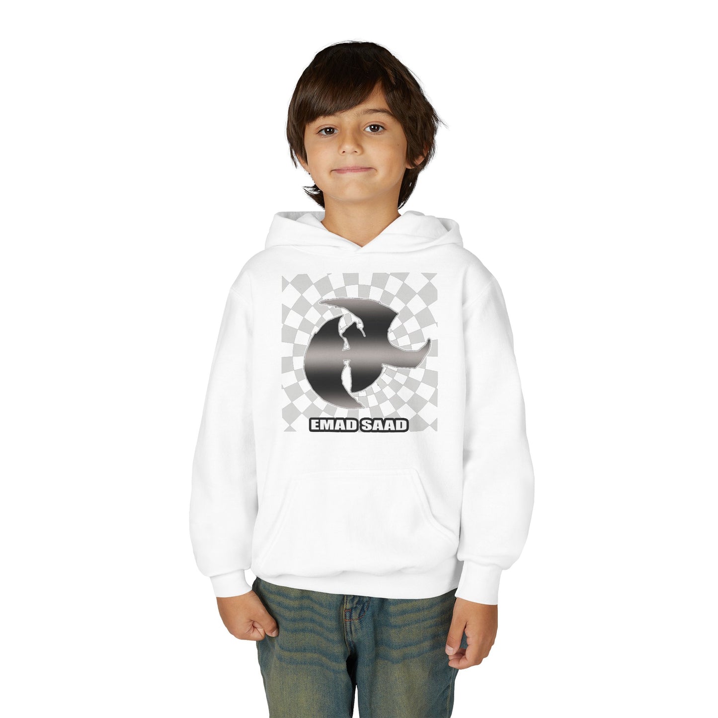 Youth Hoodie with Emad Saad Skate Logo — Black & White Skateboard Graphic