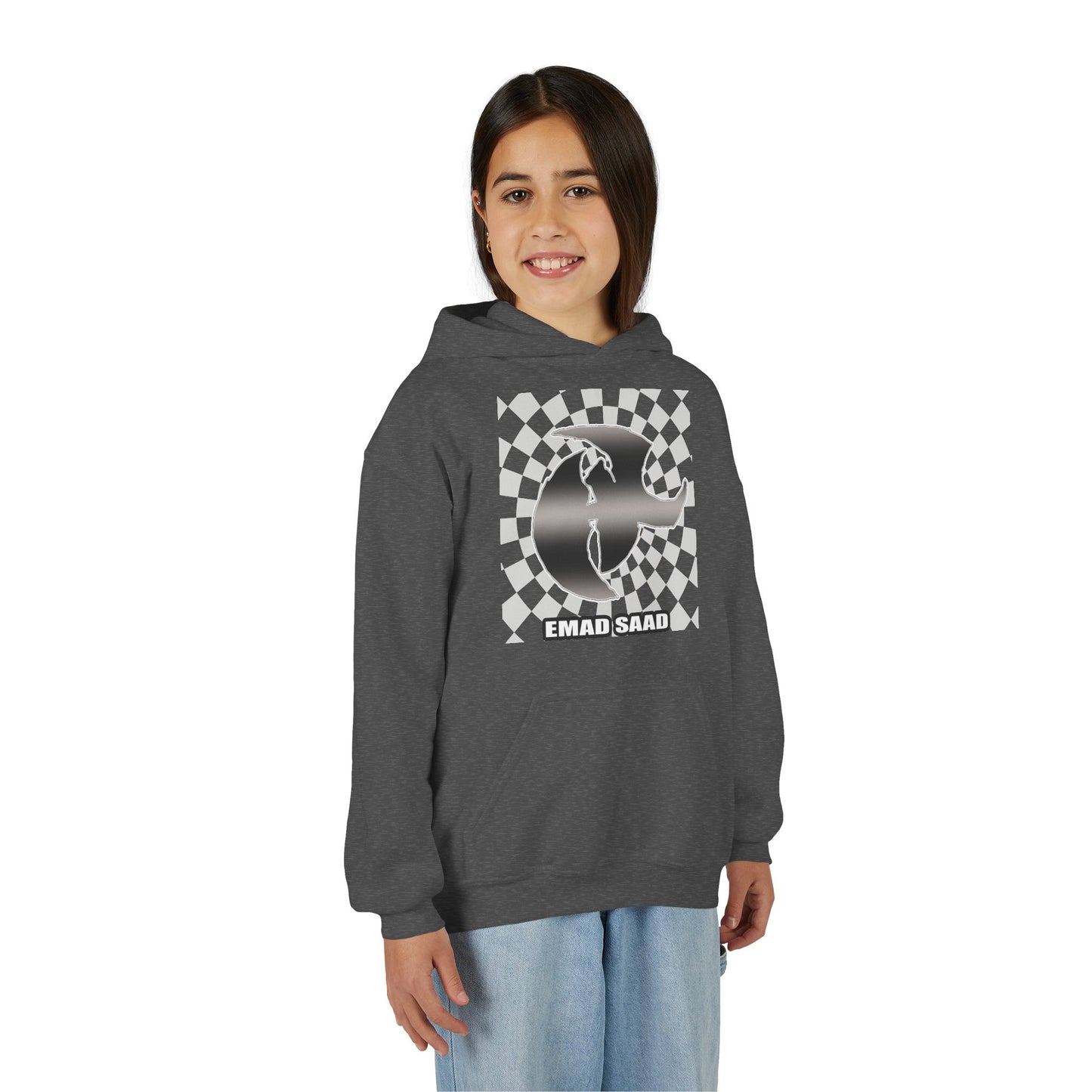 Youth Hoodie with Emad Saad Skate Logo — Black & White Skateboard Graphic