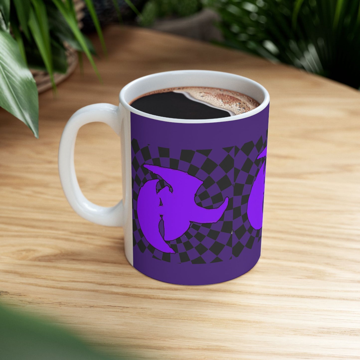 HK LOGO Vibrant Purple Ceramic Mug with Checkered Design - Ideal for Coffee Lovers