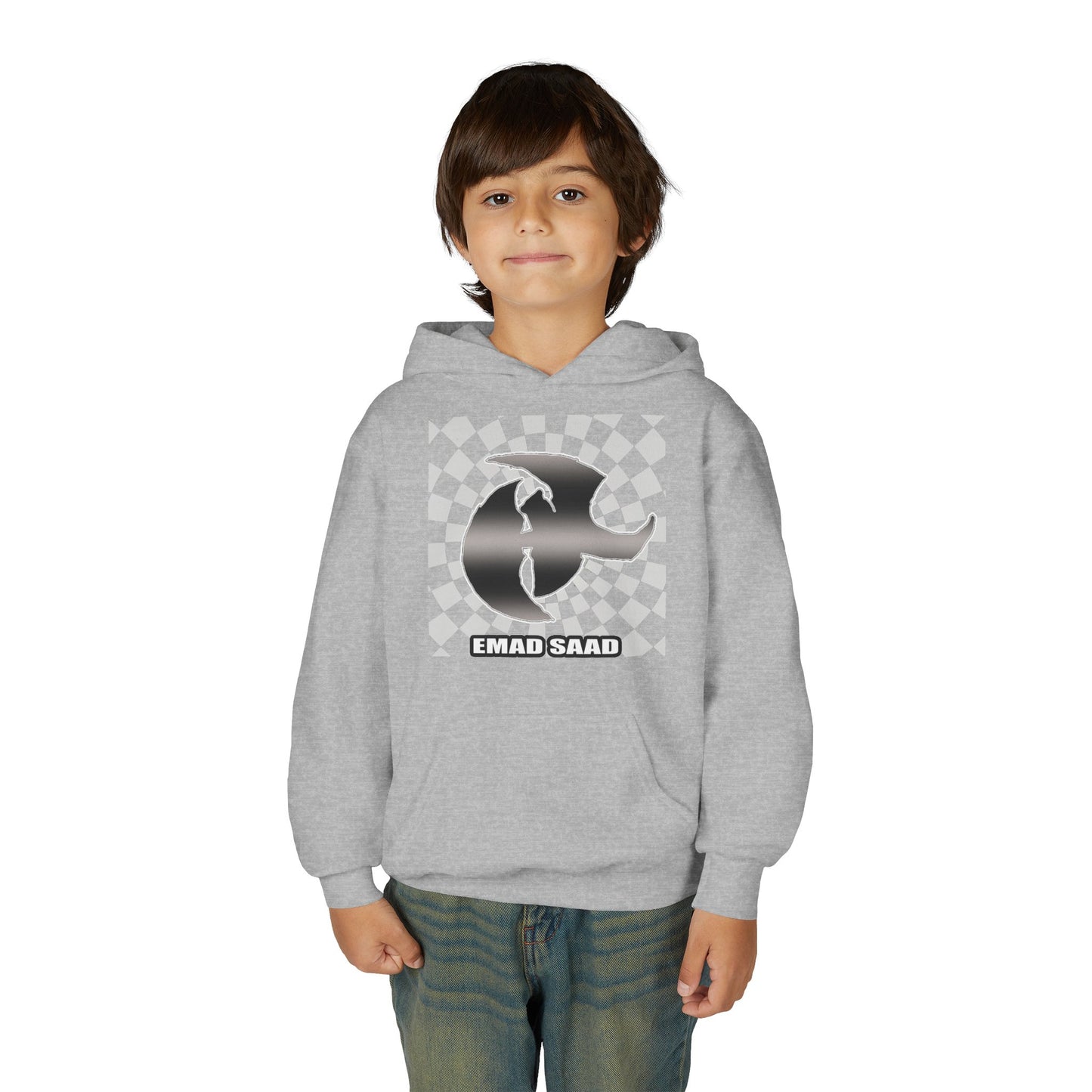 Youth Hoodie with Emad Saad Skate Logo — Black & White Skateboard Graphic