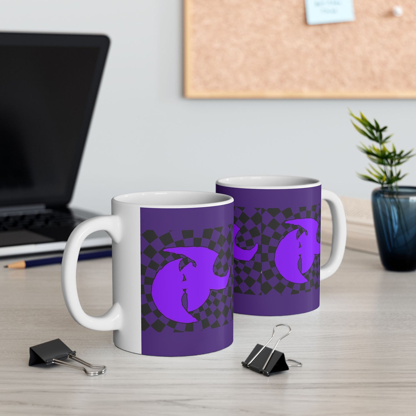 HK LOGO Vibrant Purple Ceramic Mug with Checkered Design - Ideal for Coffee Lovers