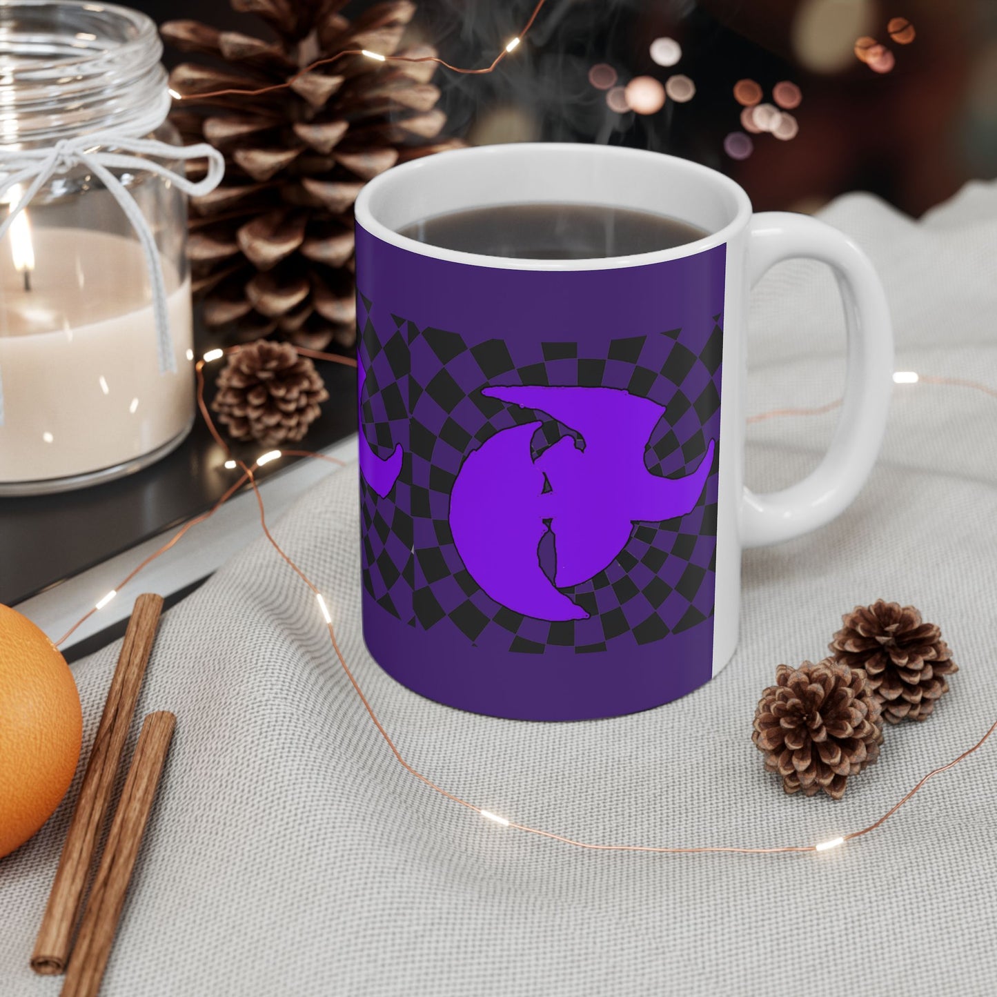 HK LOGO Vibrant Purple Ceramic Mug with Checkered Design - Ideal for Coffee Lovers
