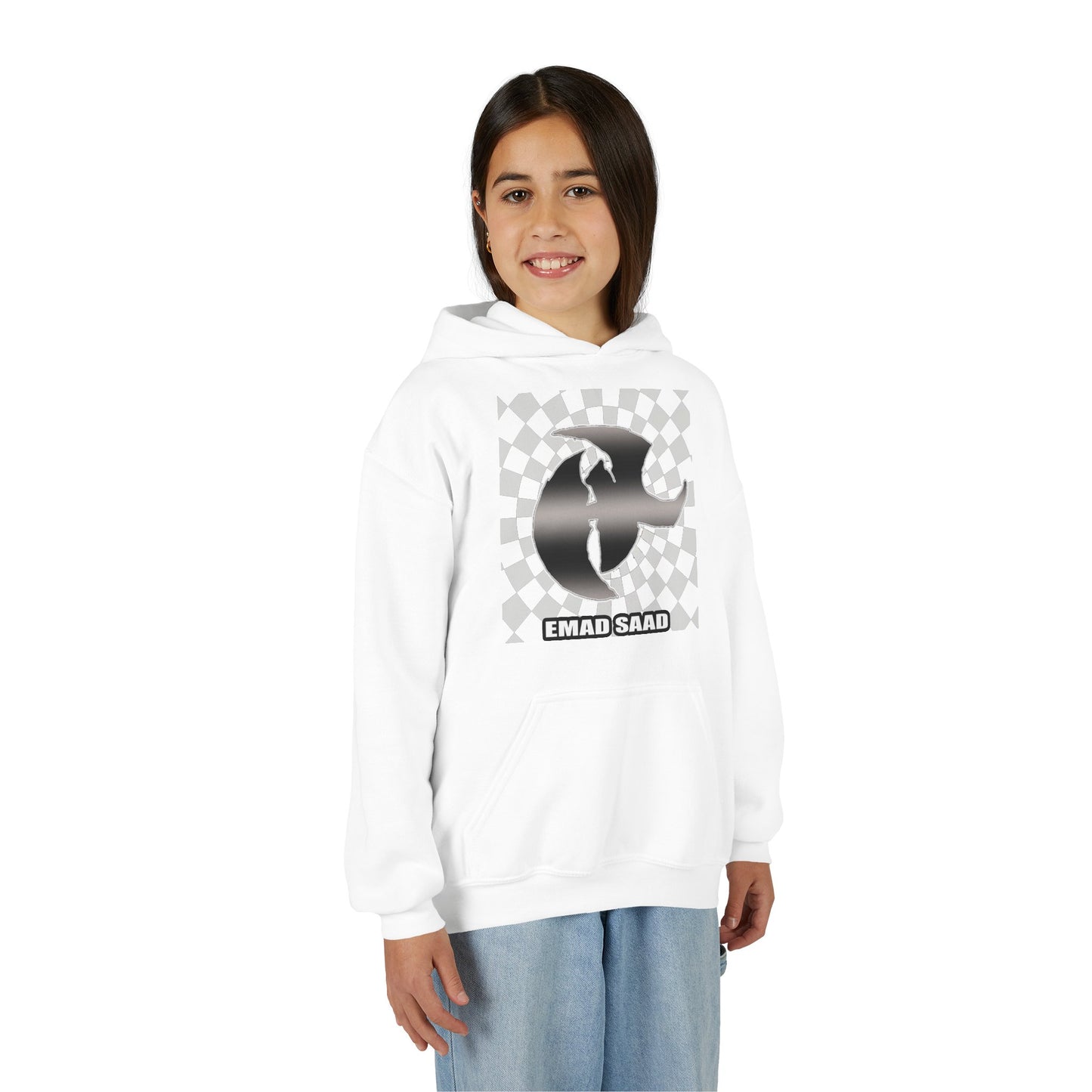 Youth Hoodie with Emad Saad Skate Logo — Black & White Skateboard Graphic