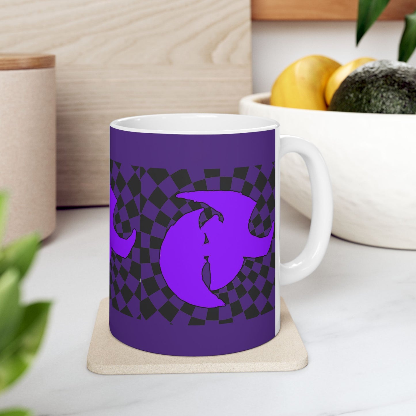 HK LOGO Vibrant Purple Ceramic Mug with Checkered Design - Ideal for Coffee Lovers