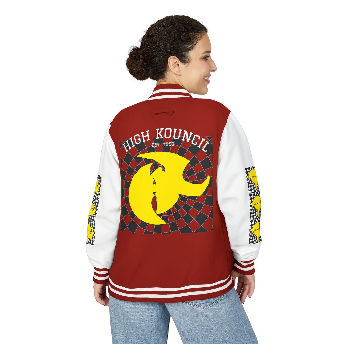 HK CREW Heavyweight Letterman Jacket with Retro Graphic Design