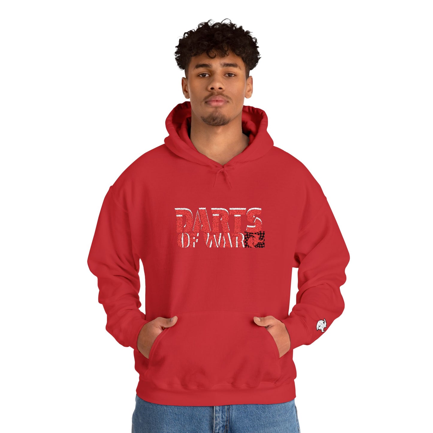 Embroidery Stitched Darts of War Hoodie – Red Distressed Darts Graphic Pullover