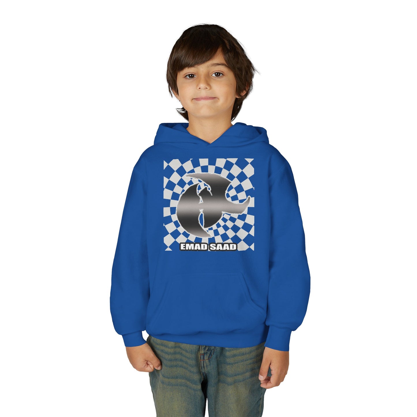 Youth Hoodie with Emad Saad Skate Logo — Black & White Skateboard Graphic