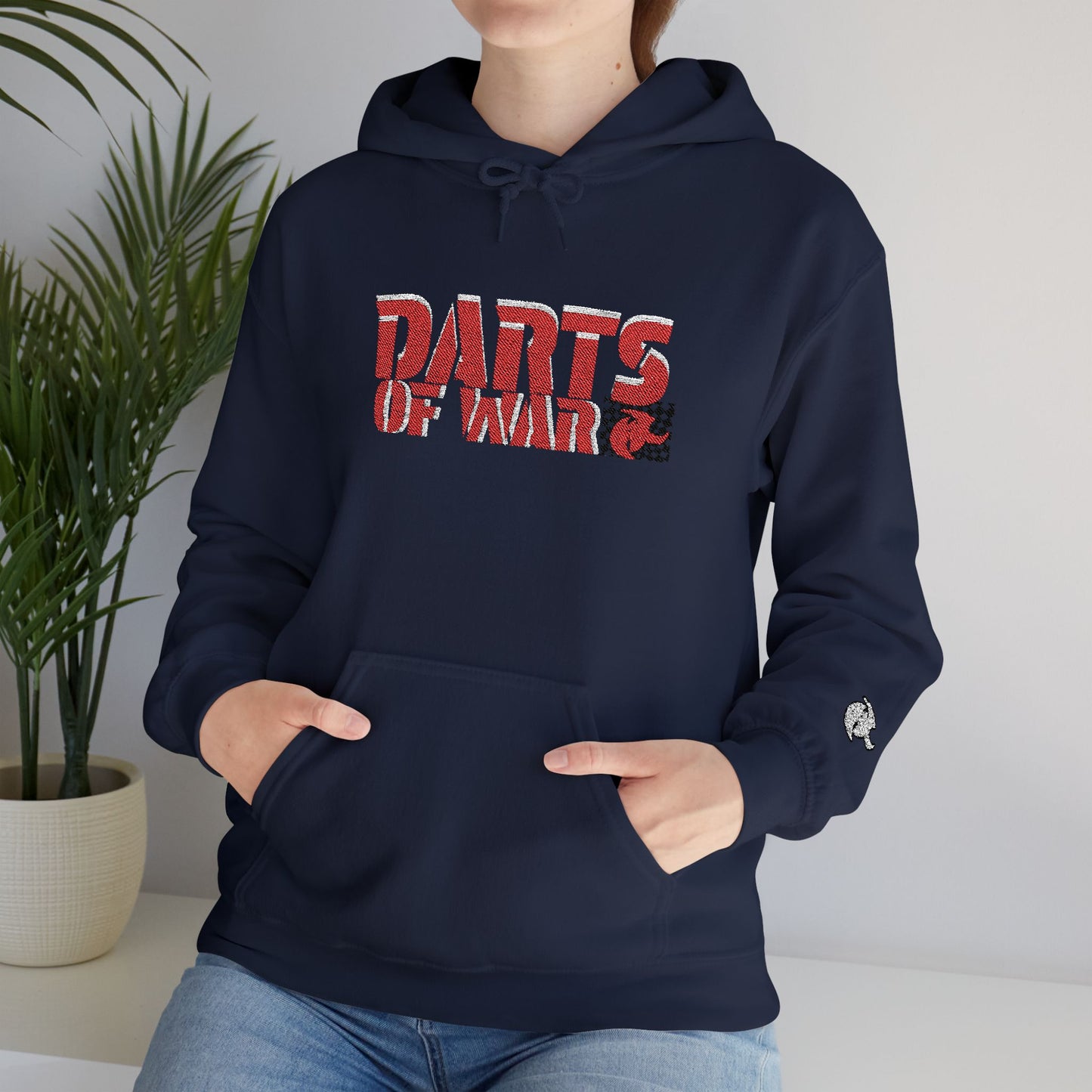 Embroidery Stitched Darts of War Hoodie – Red Distressed Darts Graphic Pullover