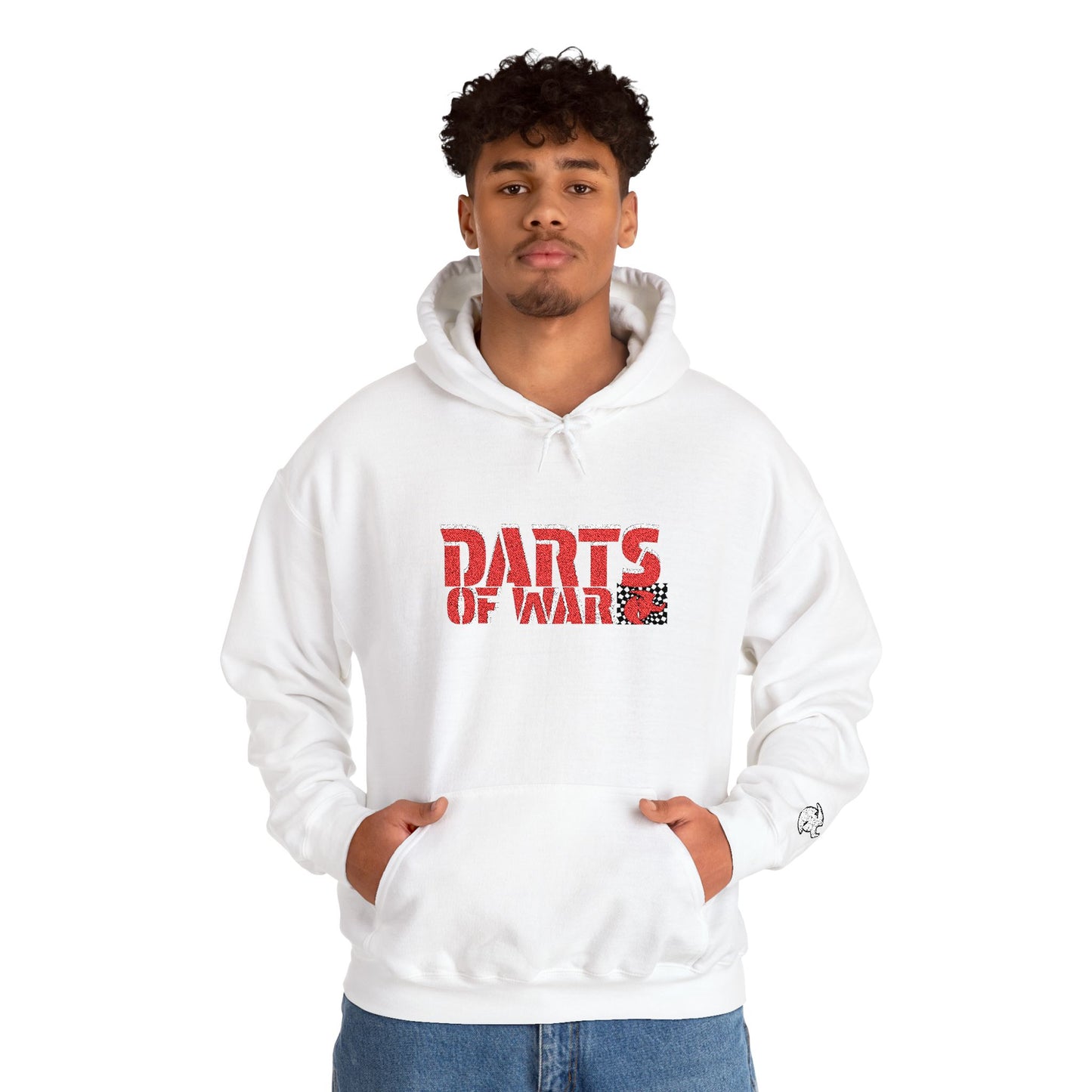 Embroidery Stitched Darts of War Hoodie – Red Distressed Darts Graphic Pullover