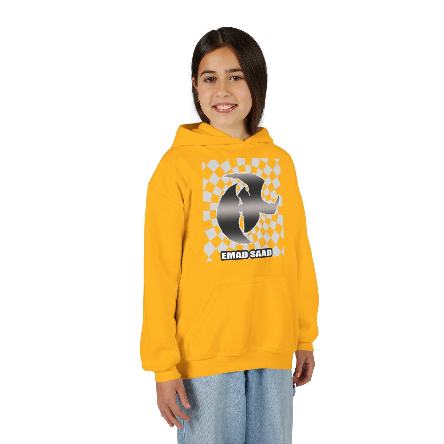 Youth Hoodie with Emad Saad Skate Logo — Black & White Skateboard Graphic