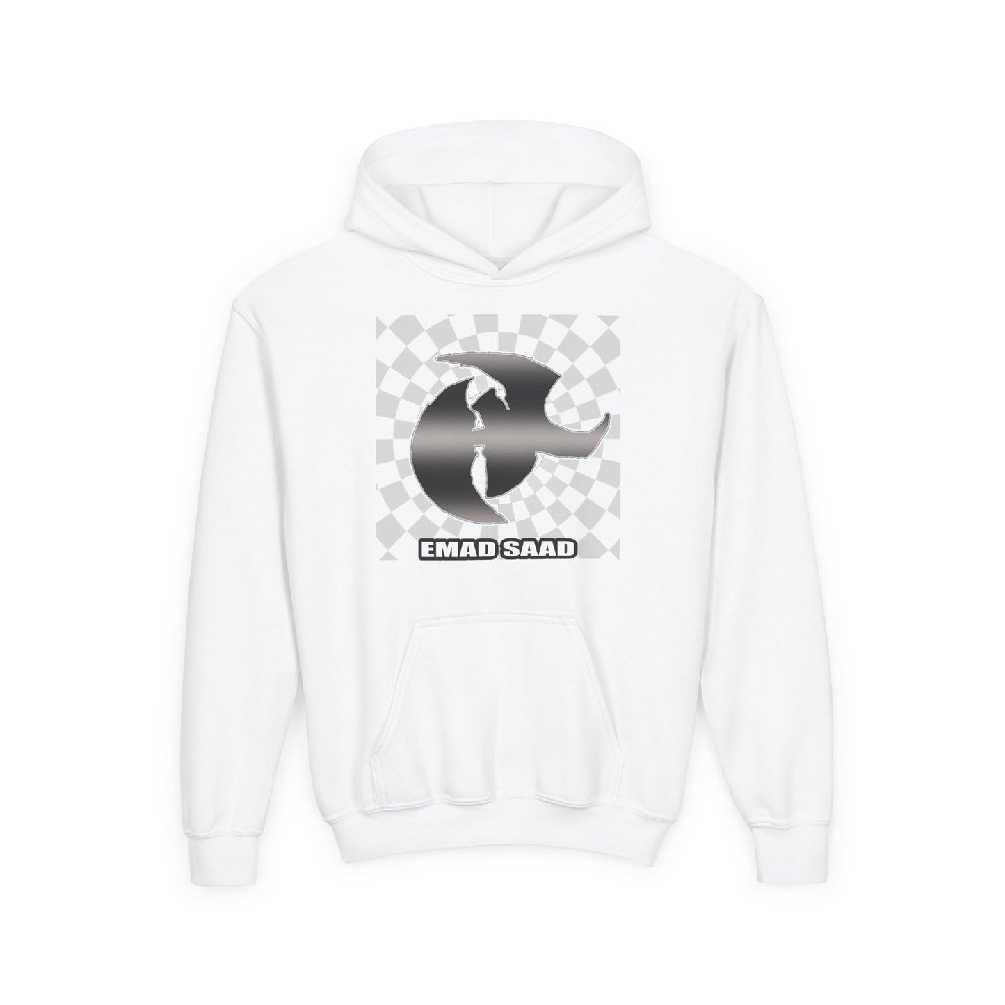 Youth Hoodie with Emad Saad Skate Logo — Black & White Skateboard Graphic